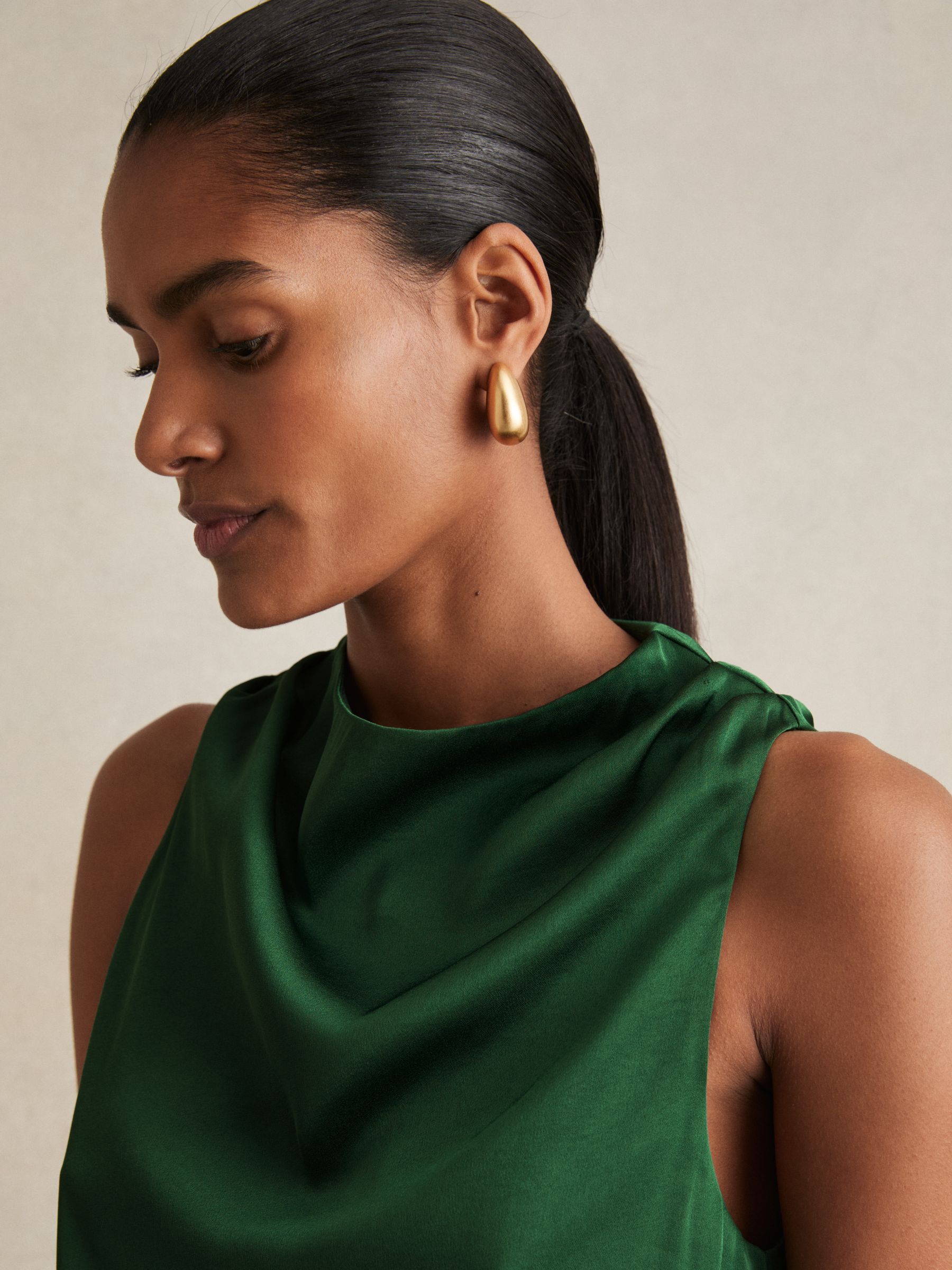 Satin Drape-Neck Layered Dress in Green - Image 4 of 6