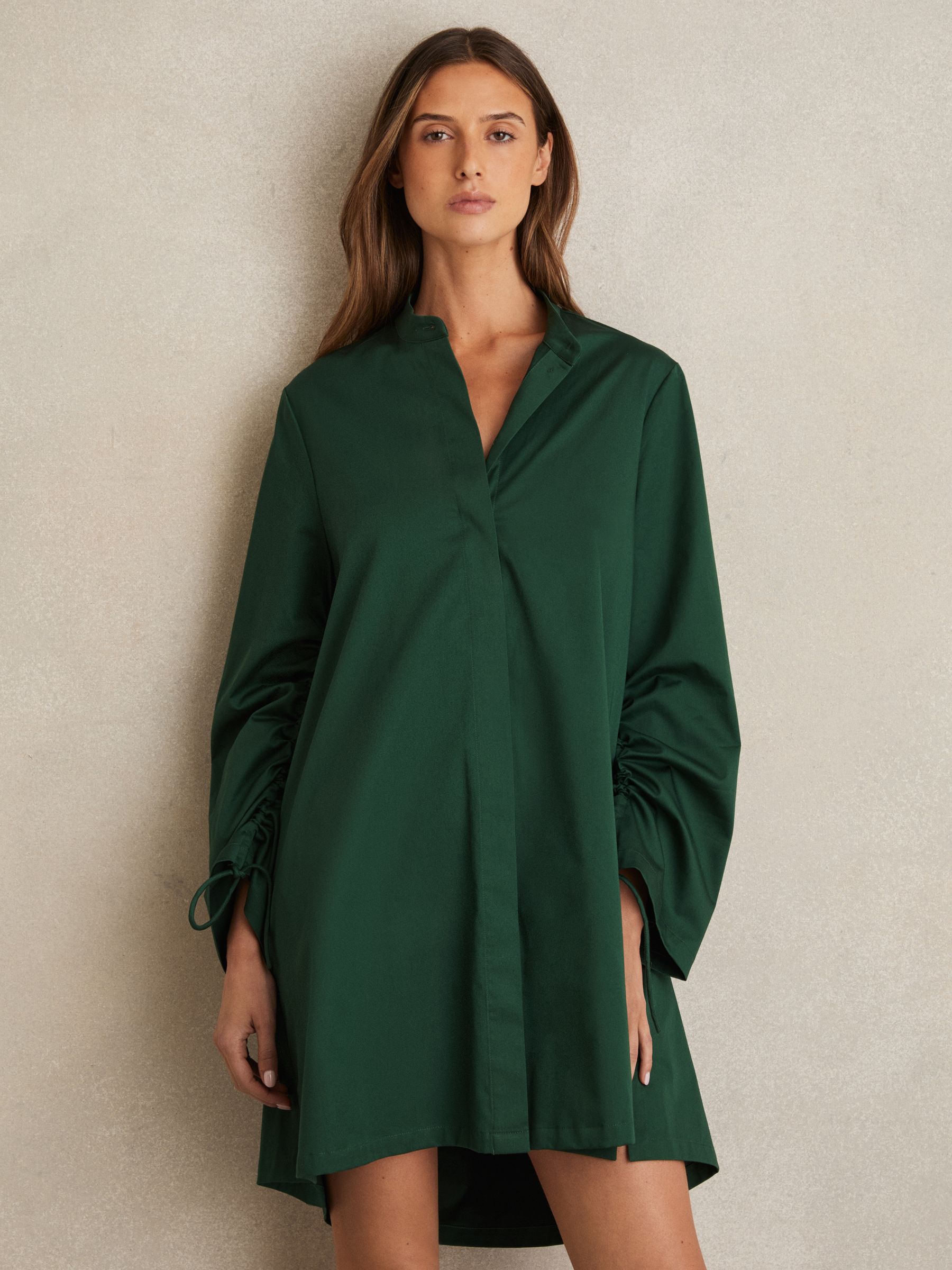Cotton Gathered Cut-Out Shirt Dress with Stretch in Green - Image 3 of 6