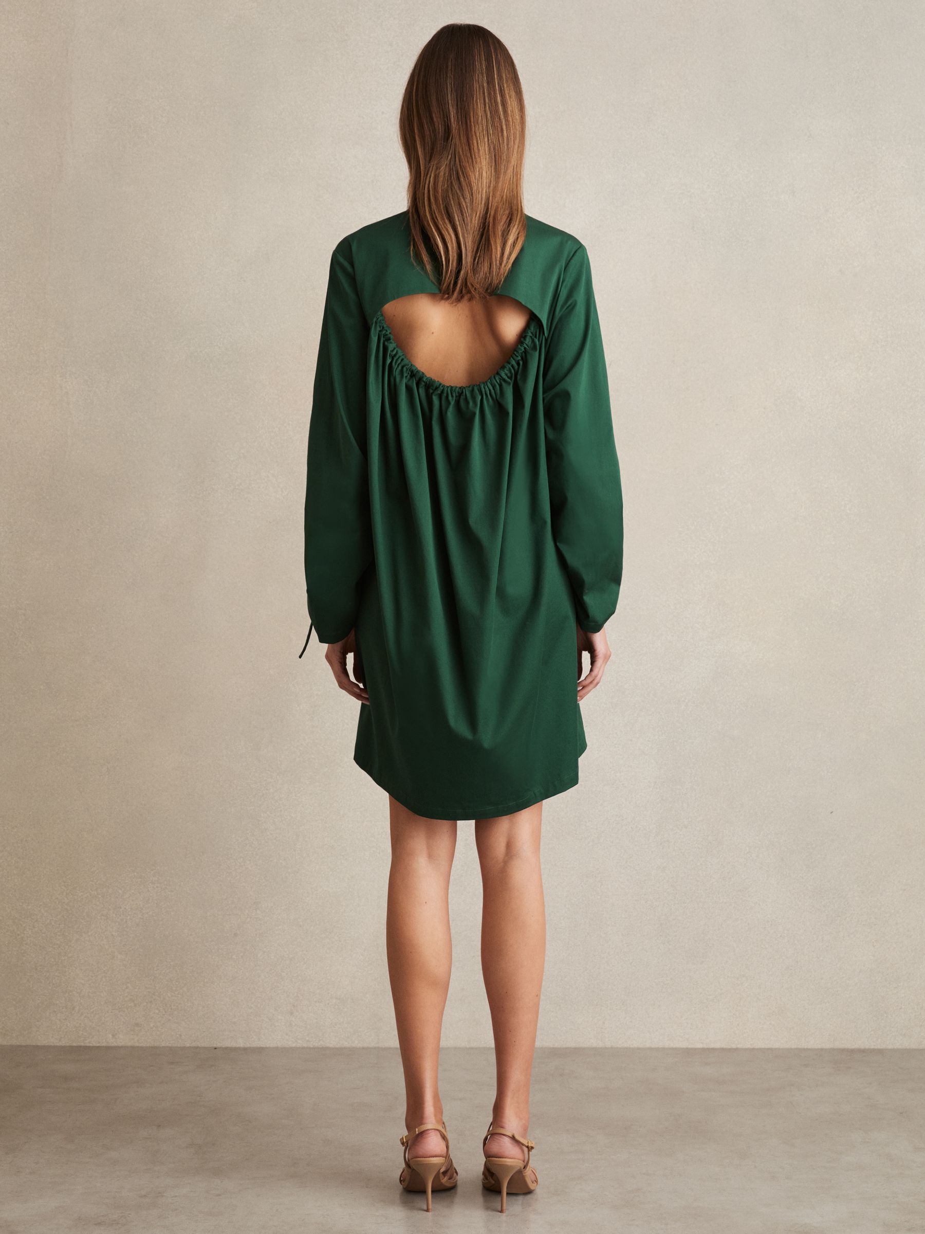 Cotton Gathered Cut-Out Shirt Dress with Stretch in Green - Image 5 of 6