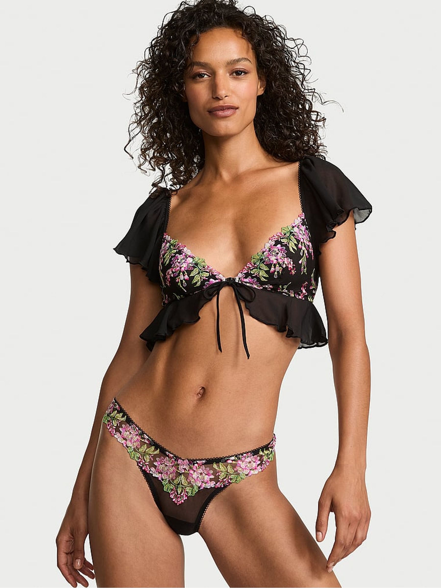 Black Wisteria Embroidery Flutter Bra Top | Victoria's Secret UK