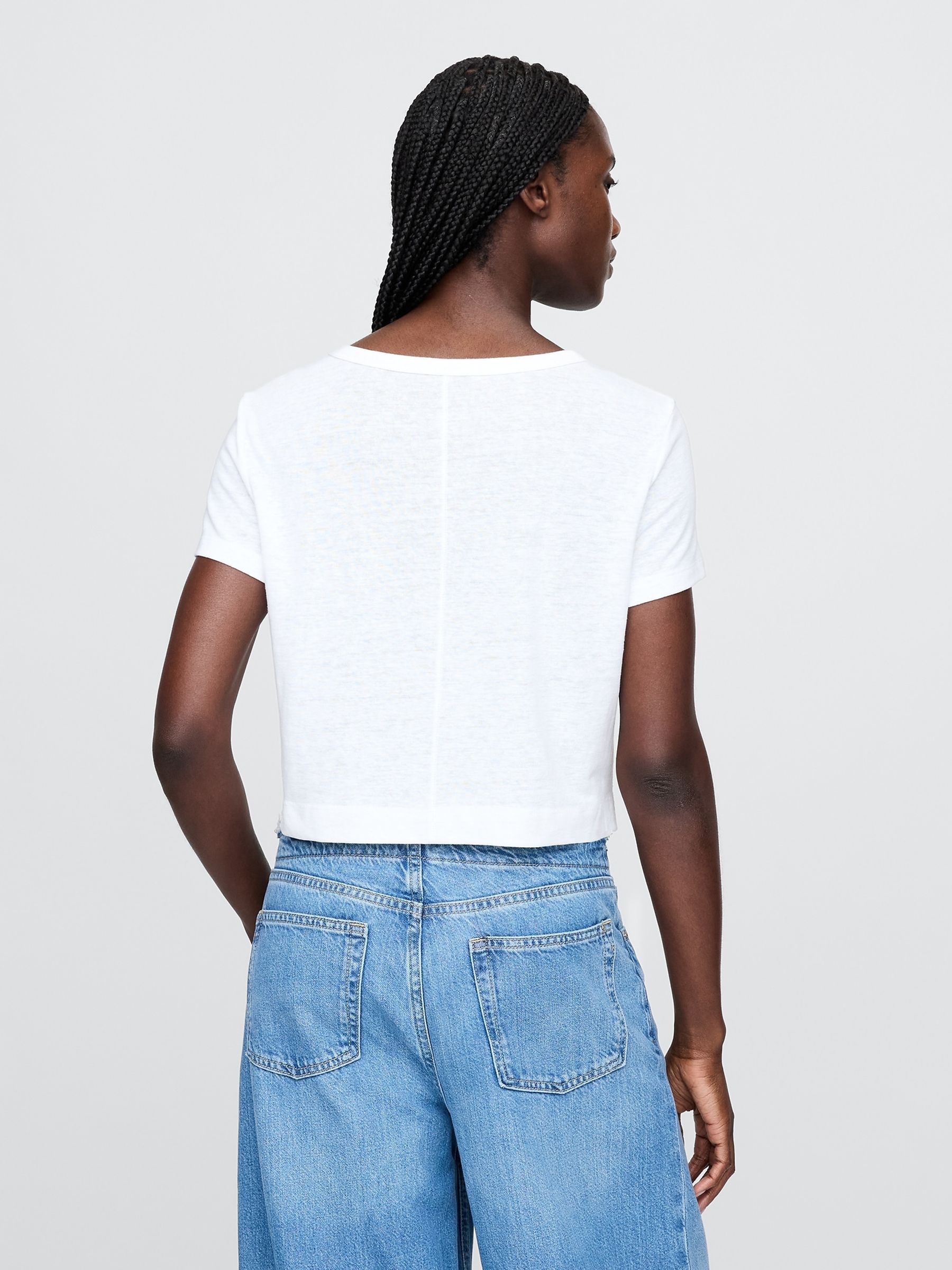 White Linen-Blend Cropped V Neck T-Shirt - Image 2 of 5