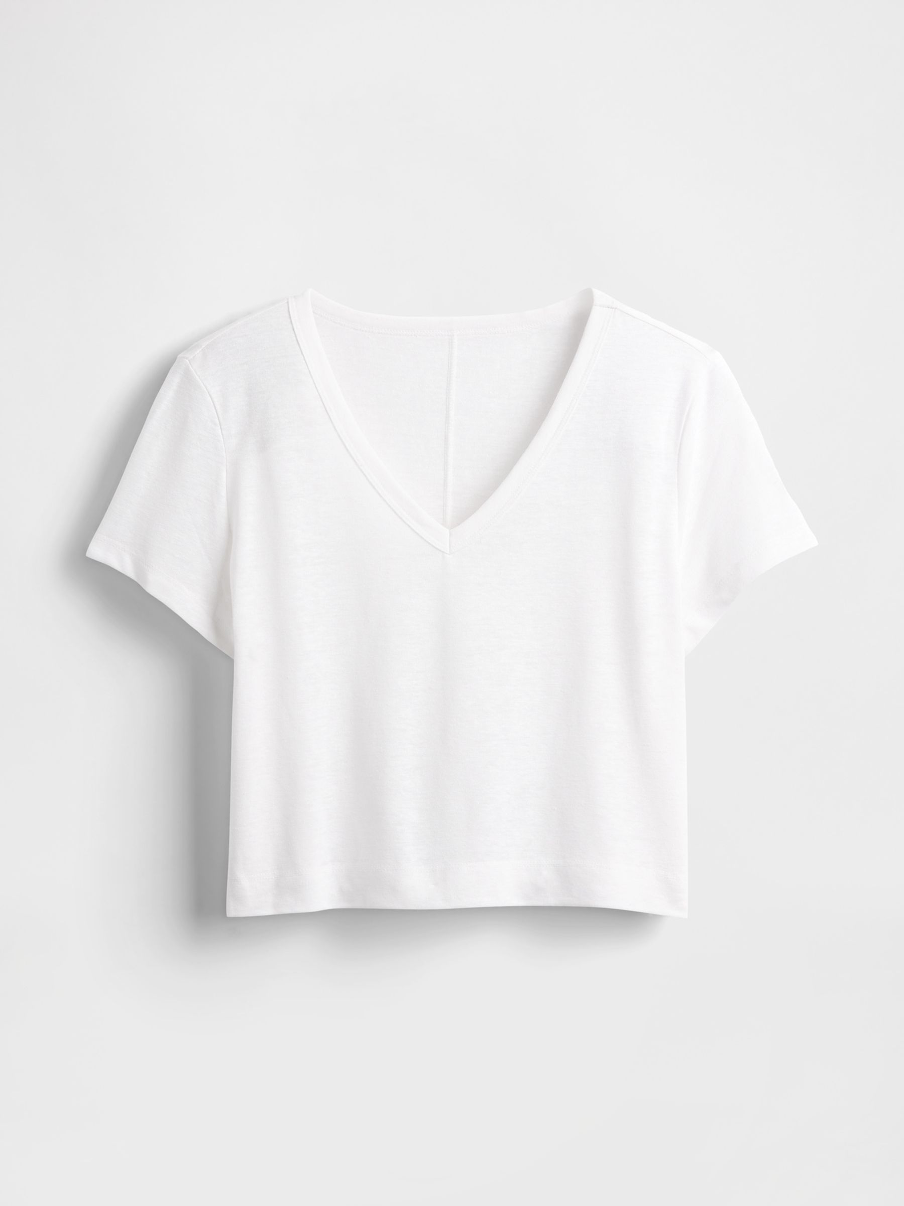 White Linen-Blend Cropped V Neck T-Shirt - Image 5 of 5