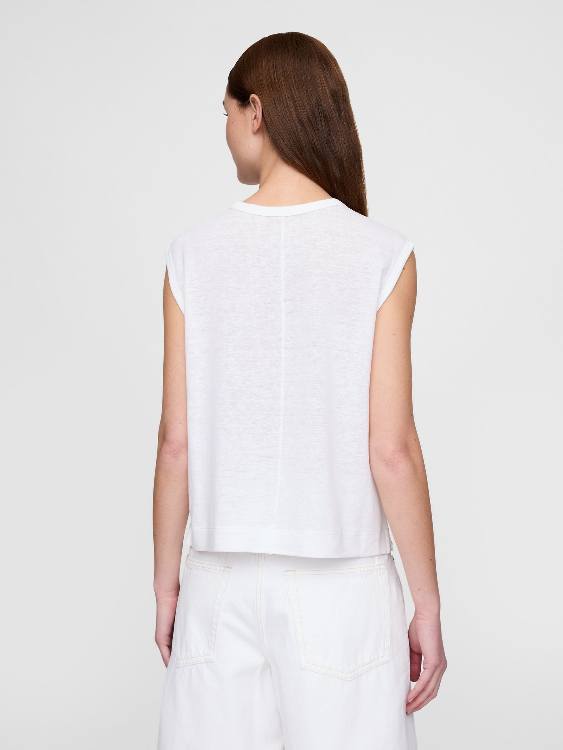 White Linen-Blend Crew Neck Shell T-Shirt - Image 2 of 5