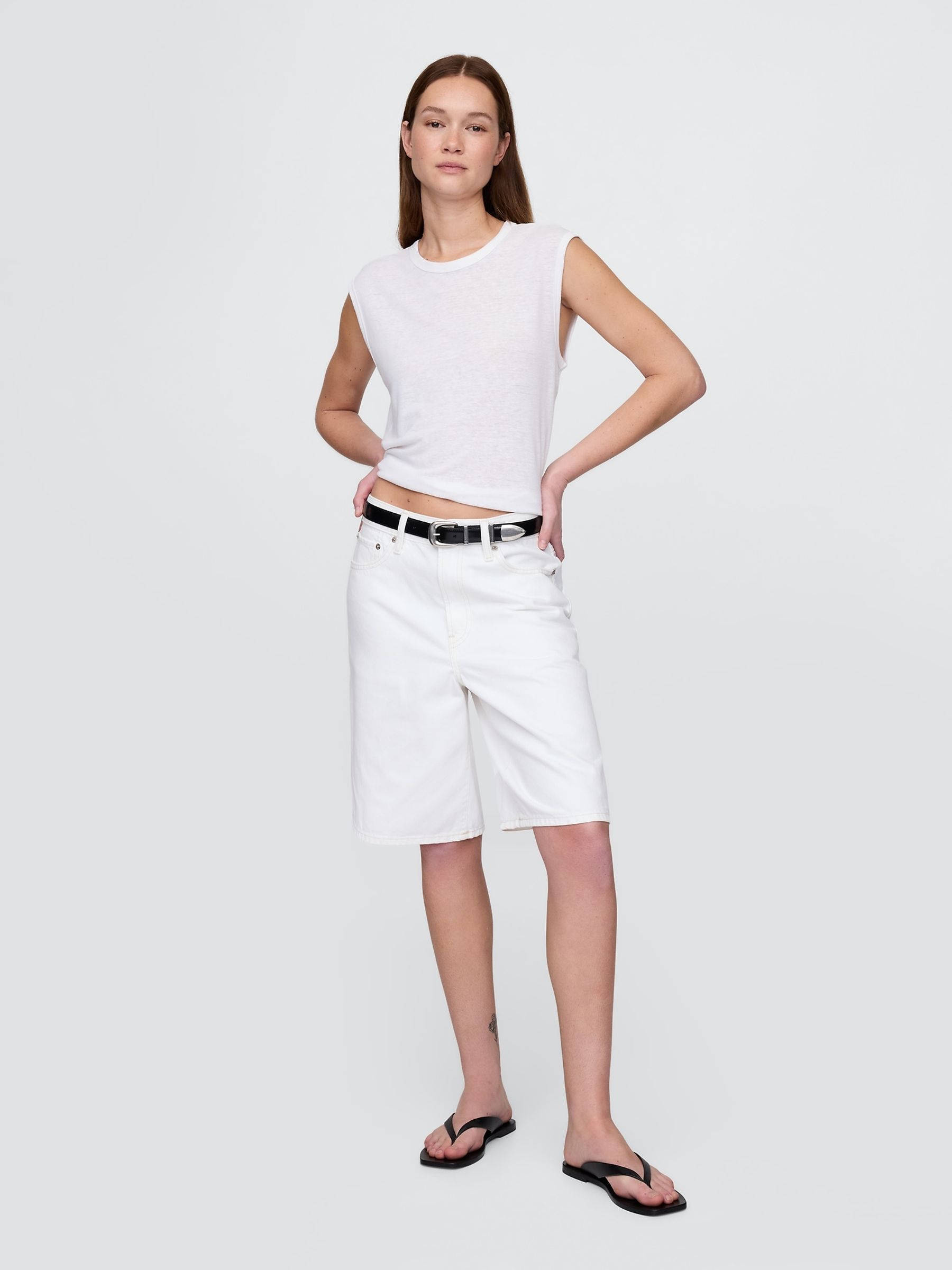 White Linen-Blend Crew Neck Shell T-Shirt - Image 3 of 5