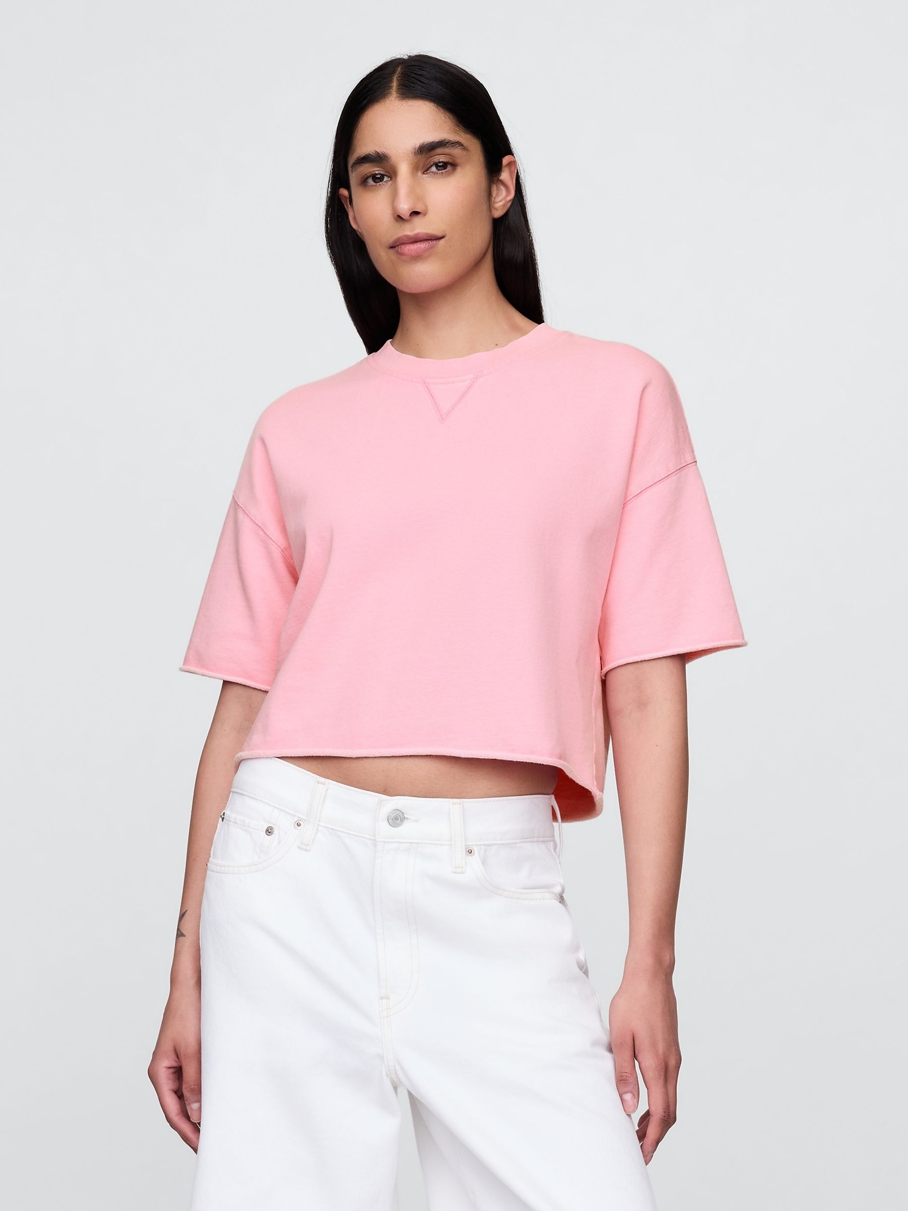 Pink French Terry Cropped Rolled Hem Sweatshirt - Image 1 of 5