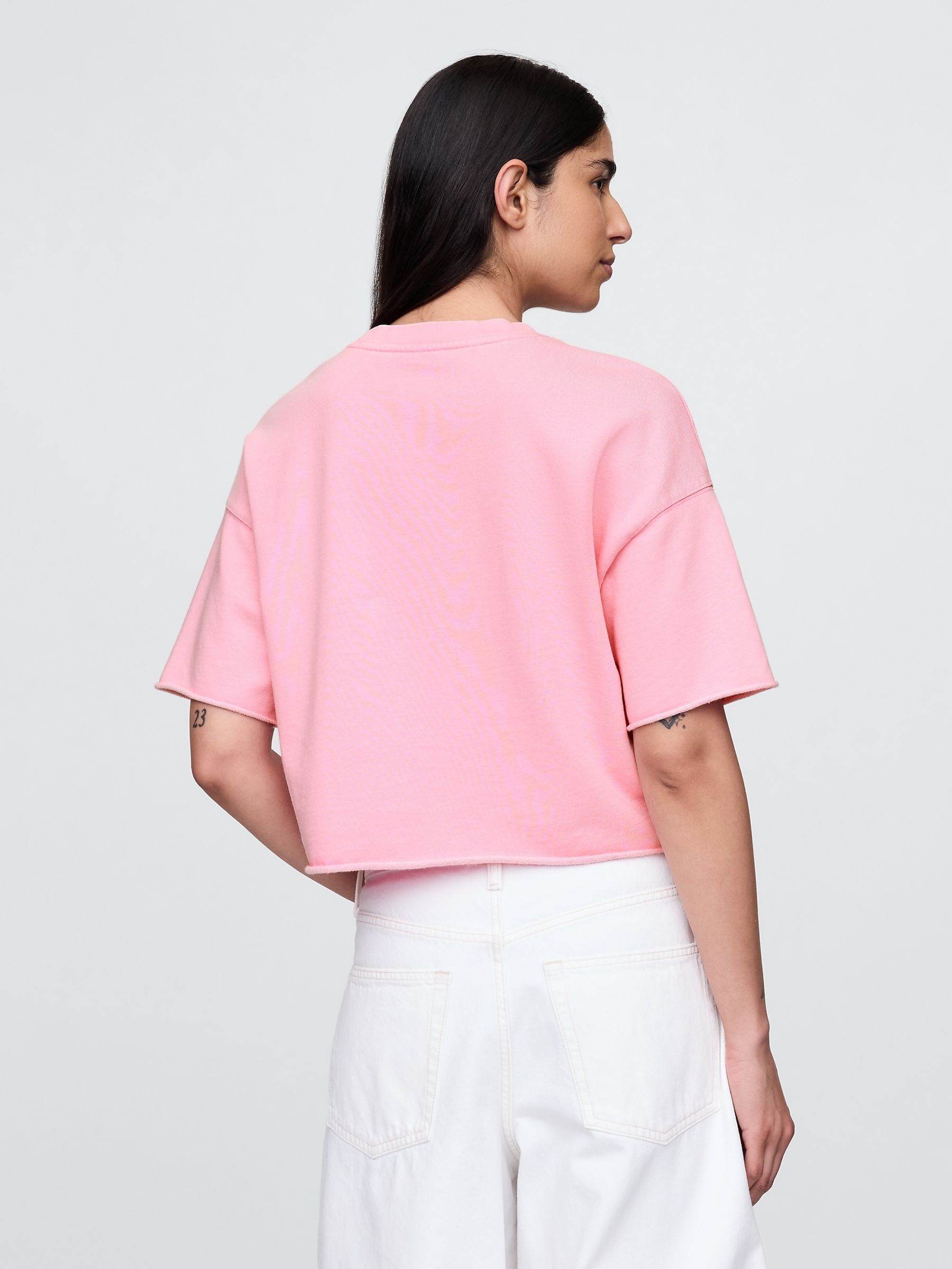 Pink French Terry Cropped Rolled Hem Sweatshirt - Image 2 of 5