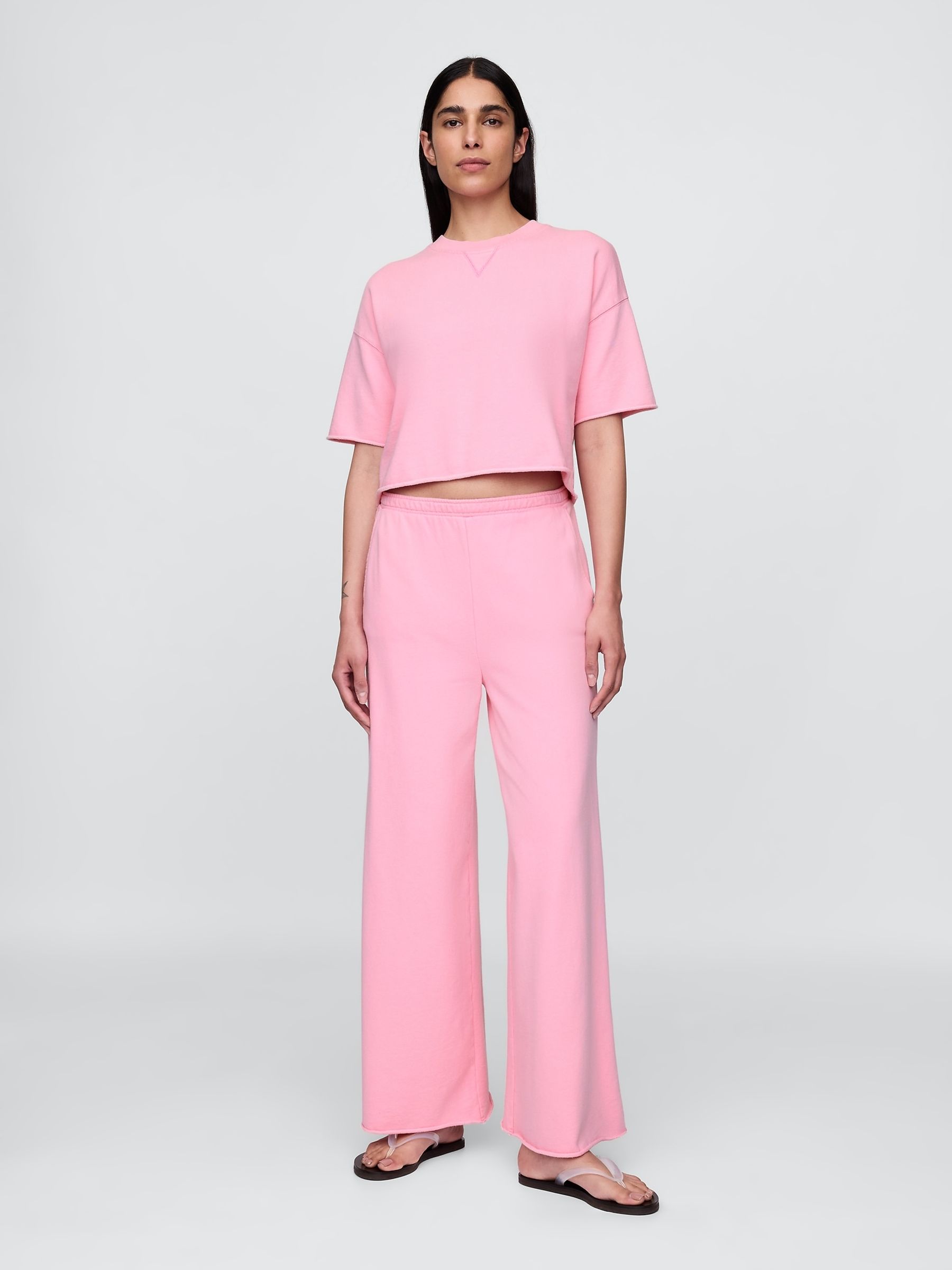 Pink French Terry Cropped Rolled Hem Sweatshirt - Image 3 of 5