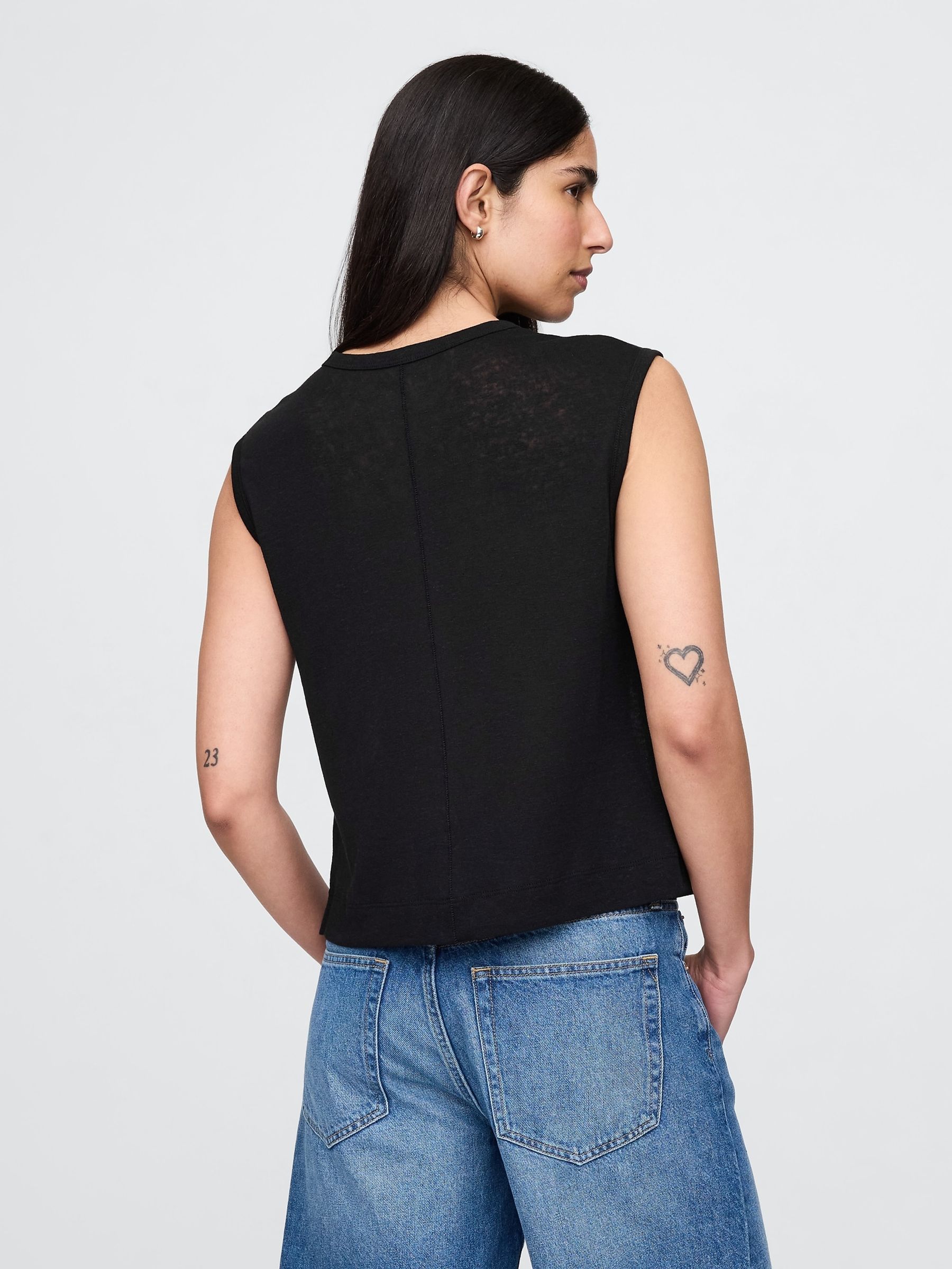 Black Linen-Blend Crew Neck Shell T-Shirt - Image 2 of 5