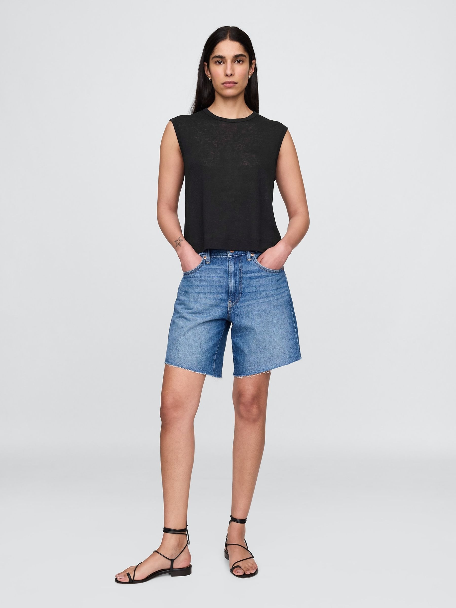 Black Linen-Blend Crew Neck Shell T-Shirt - Image 3 of 5