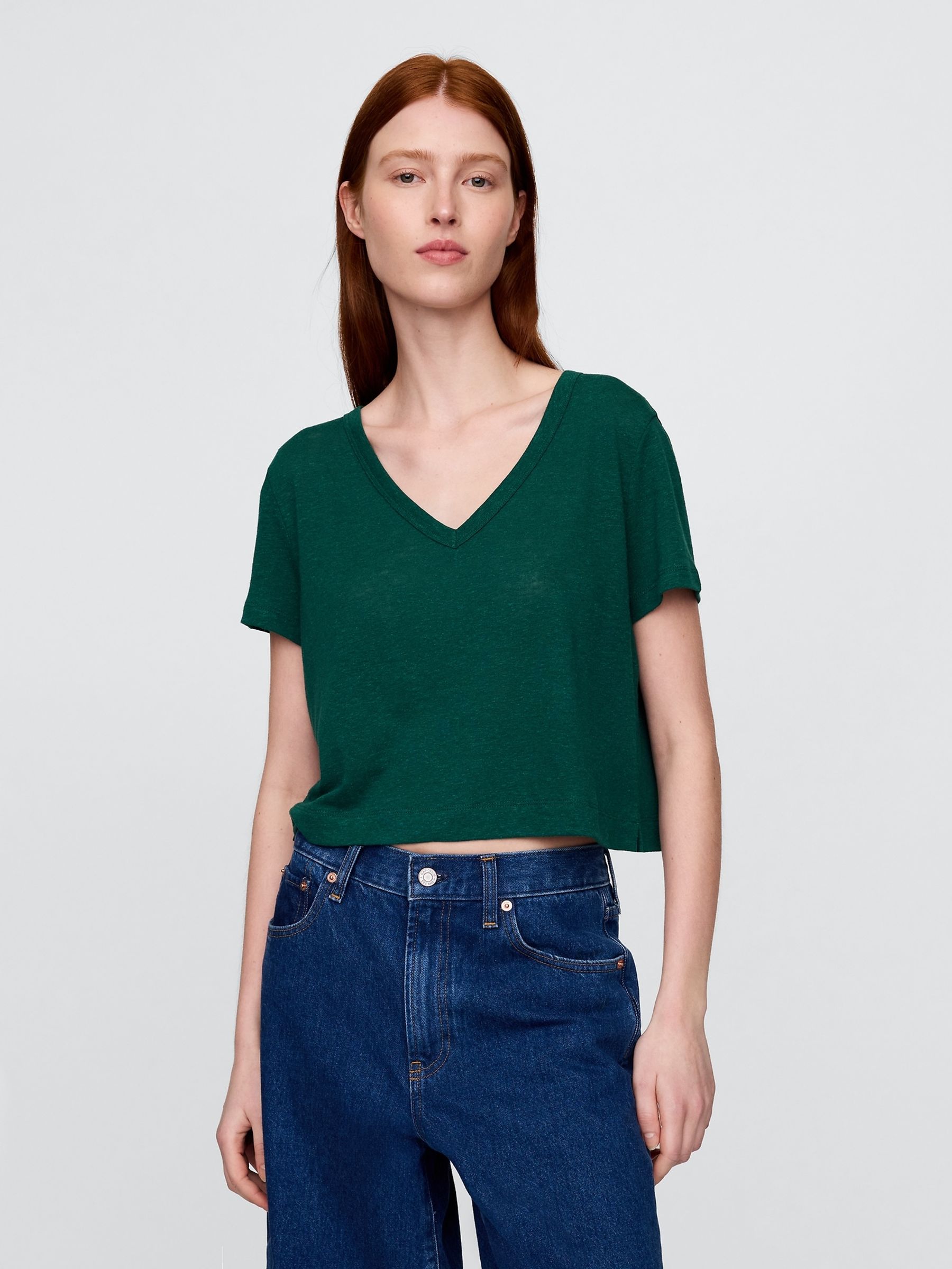 Dark Green Linen-Blend Cropped V Neck T-Shirt - Image 1 of 5