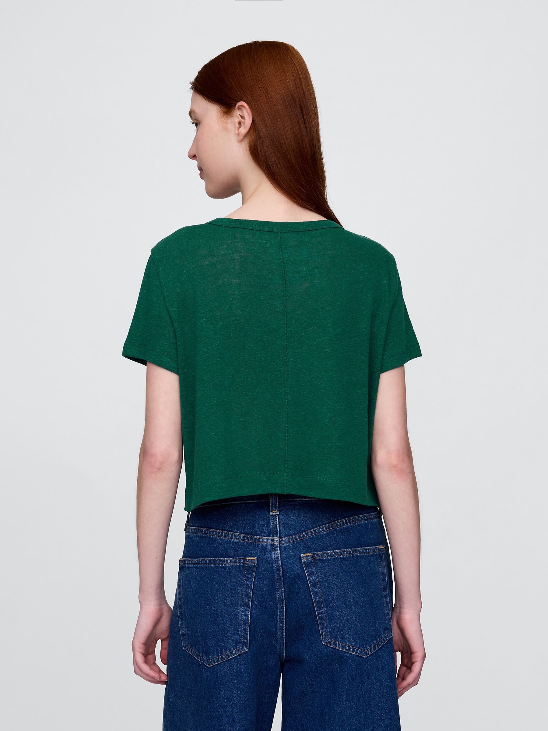 Dark Green Linen-Blend Cropped V Neck T-Shirt - Image 2 of 5