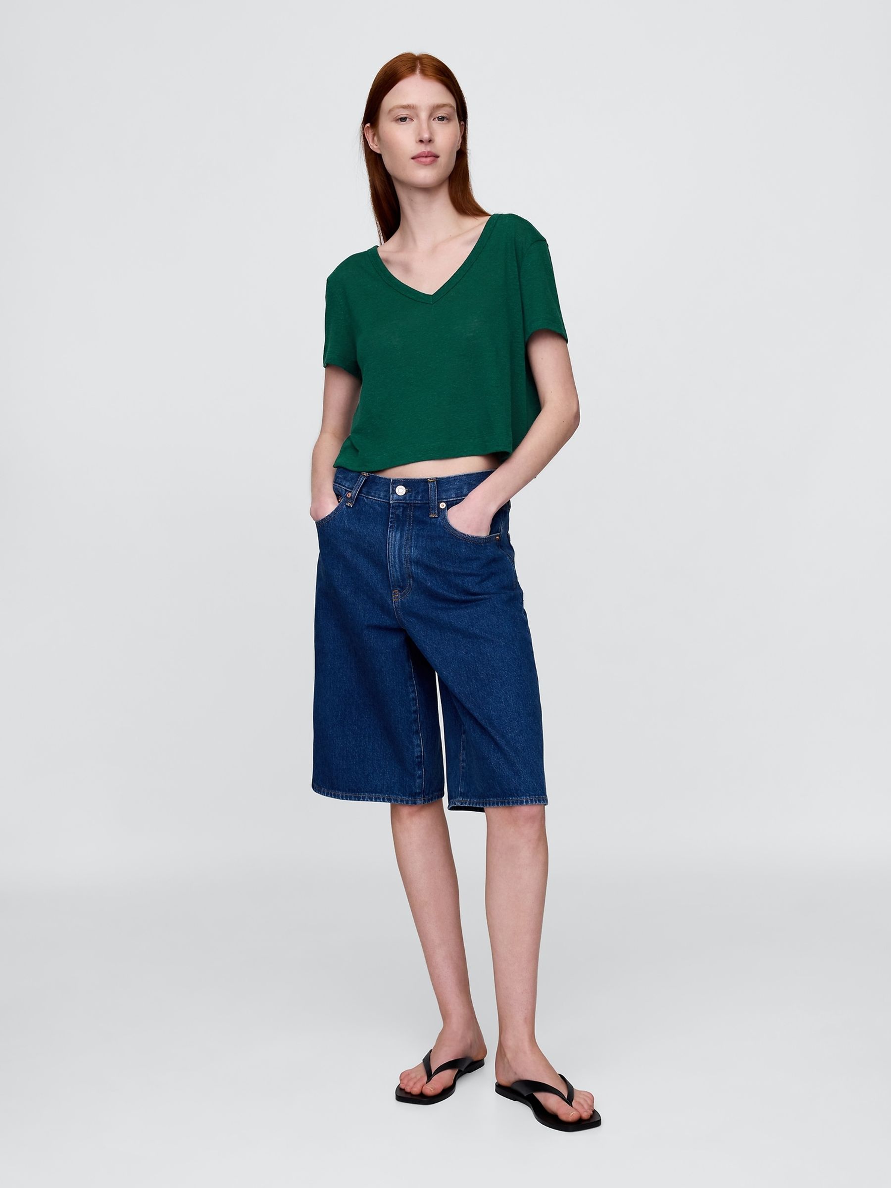Dark Green Linen-Blend Cropped V Neck T-Shirt - Image 3 of 5
