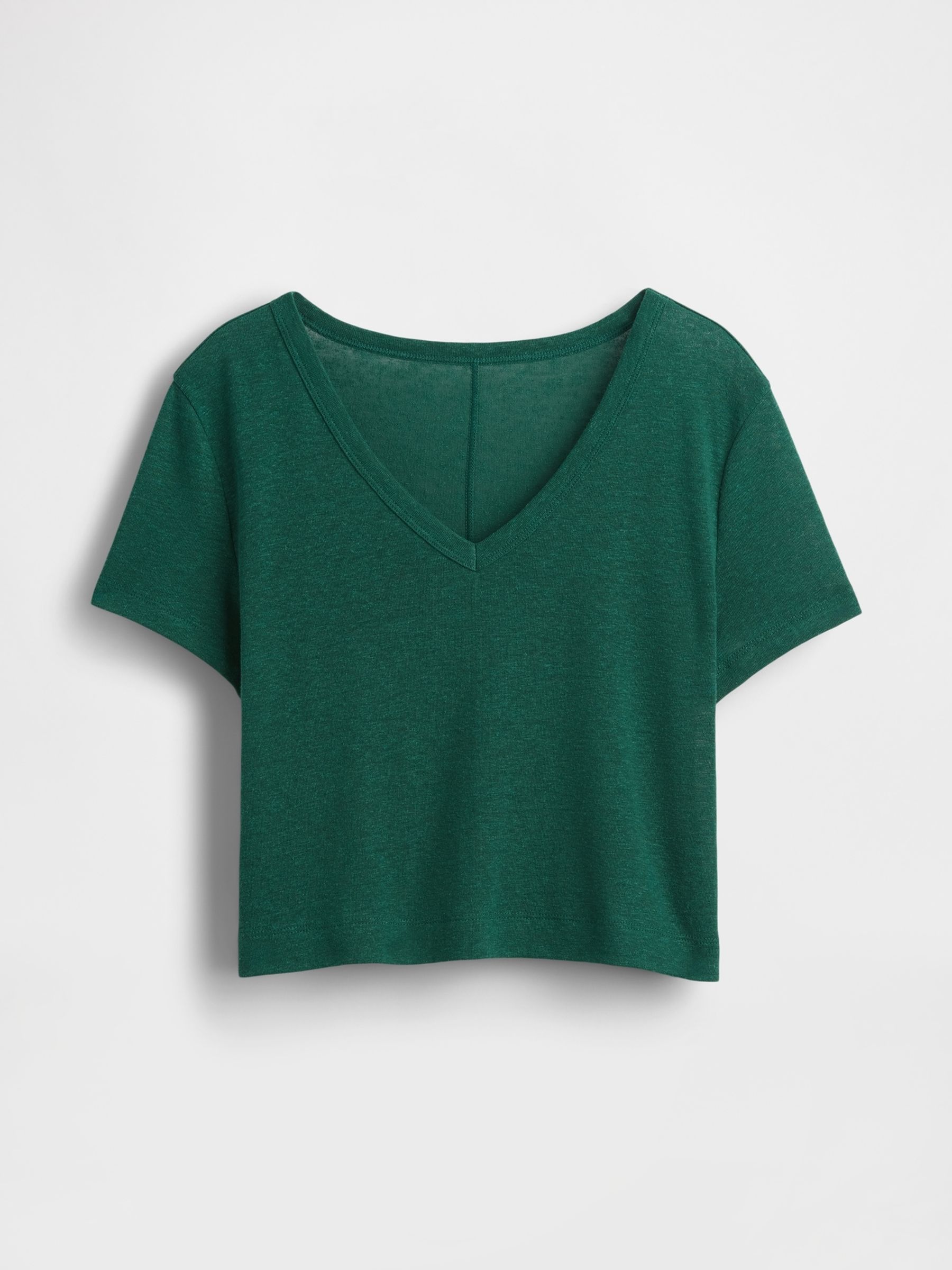 Dark Green Linen-Blend Cropped V Neck T-Shirt - Image 4 of 5