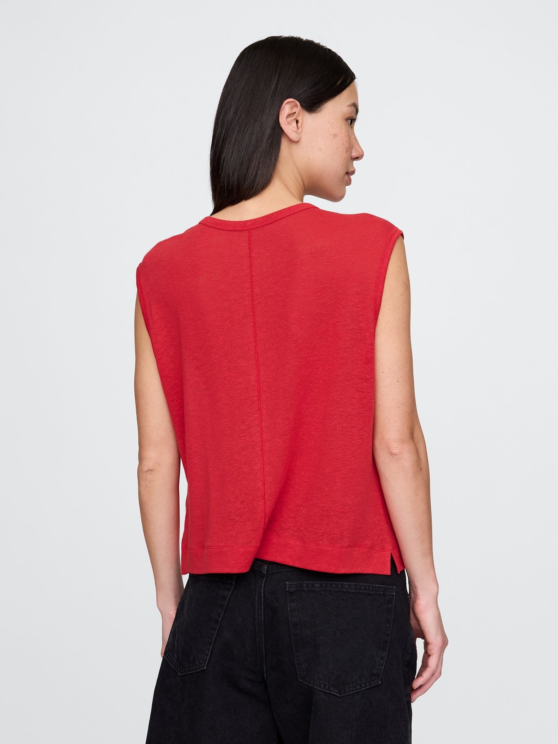 Red Linen-Blend Crew Neck Shell T-Shirt - Image 2 of 5