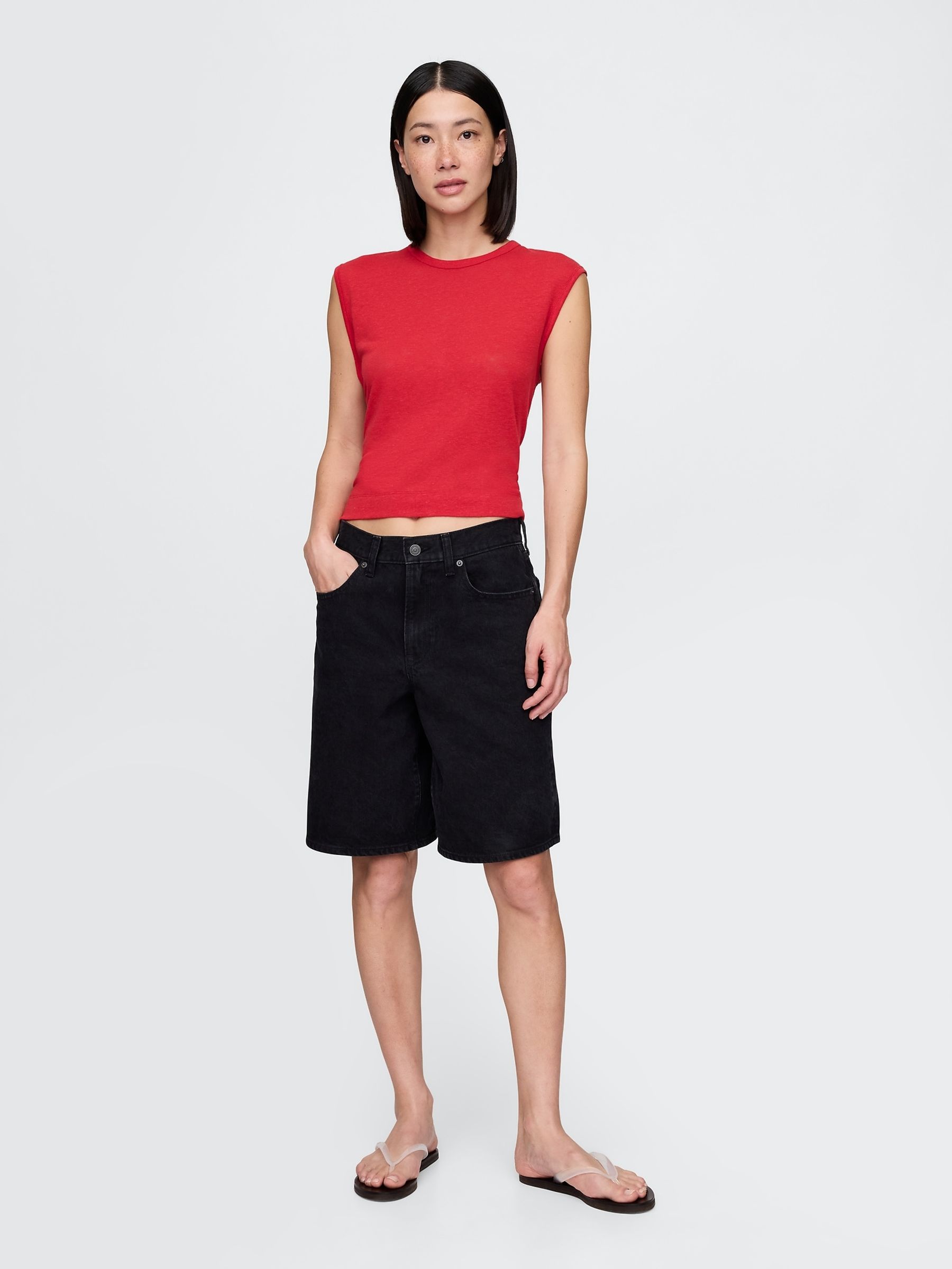 Red Linen-Blend Crew Neck Shell T-Shirt - Image 3 of 5
