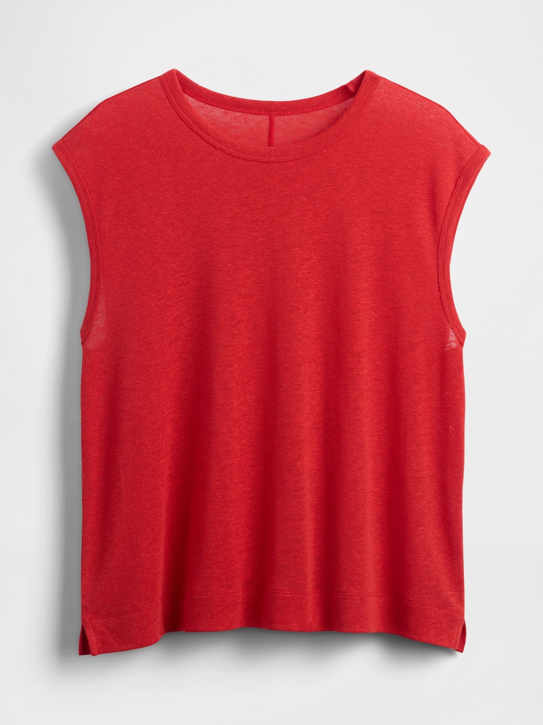 Red Linen-Blend Crew Neck Shell T-Shirt - Image 4 of 5