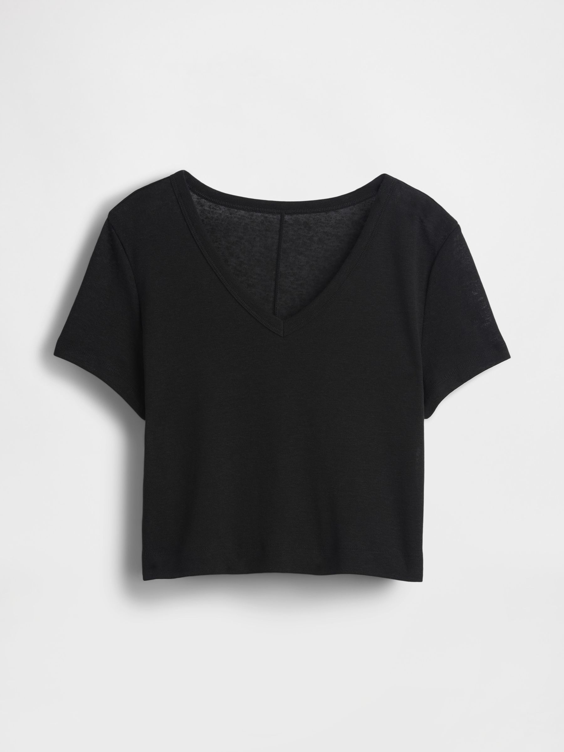 Black Linen-Blend Cropped V Neck T-Shirt - Image 5 of 5