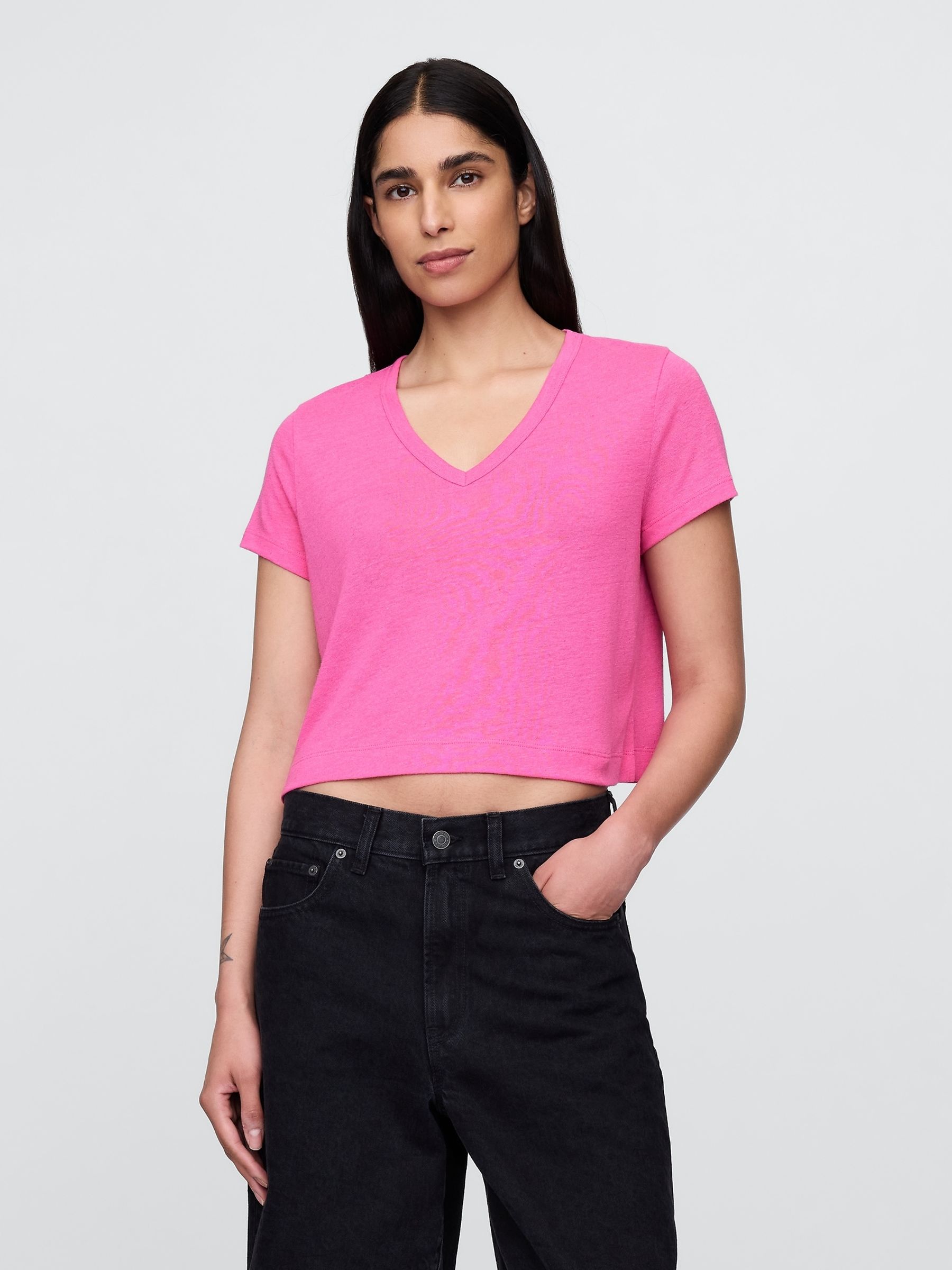 Pink Linen-Blend Cropped V Neck T-Shirt - Image 1 of 5