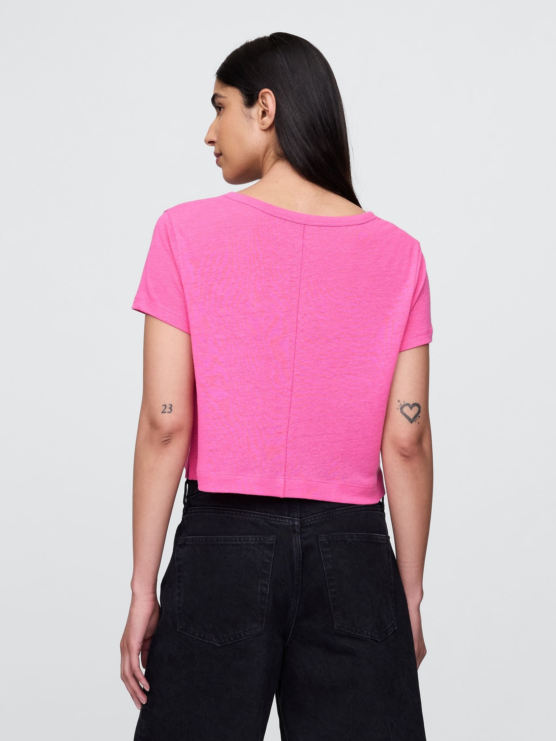 Pink Linen-Blend Cropped V Neck T-Shirt - Image 2 of 5
