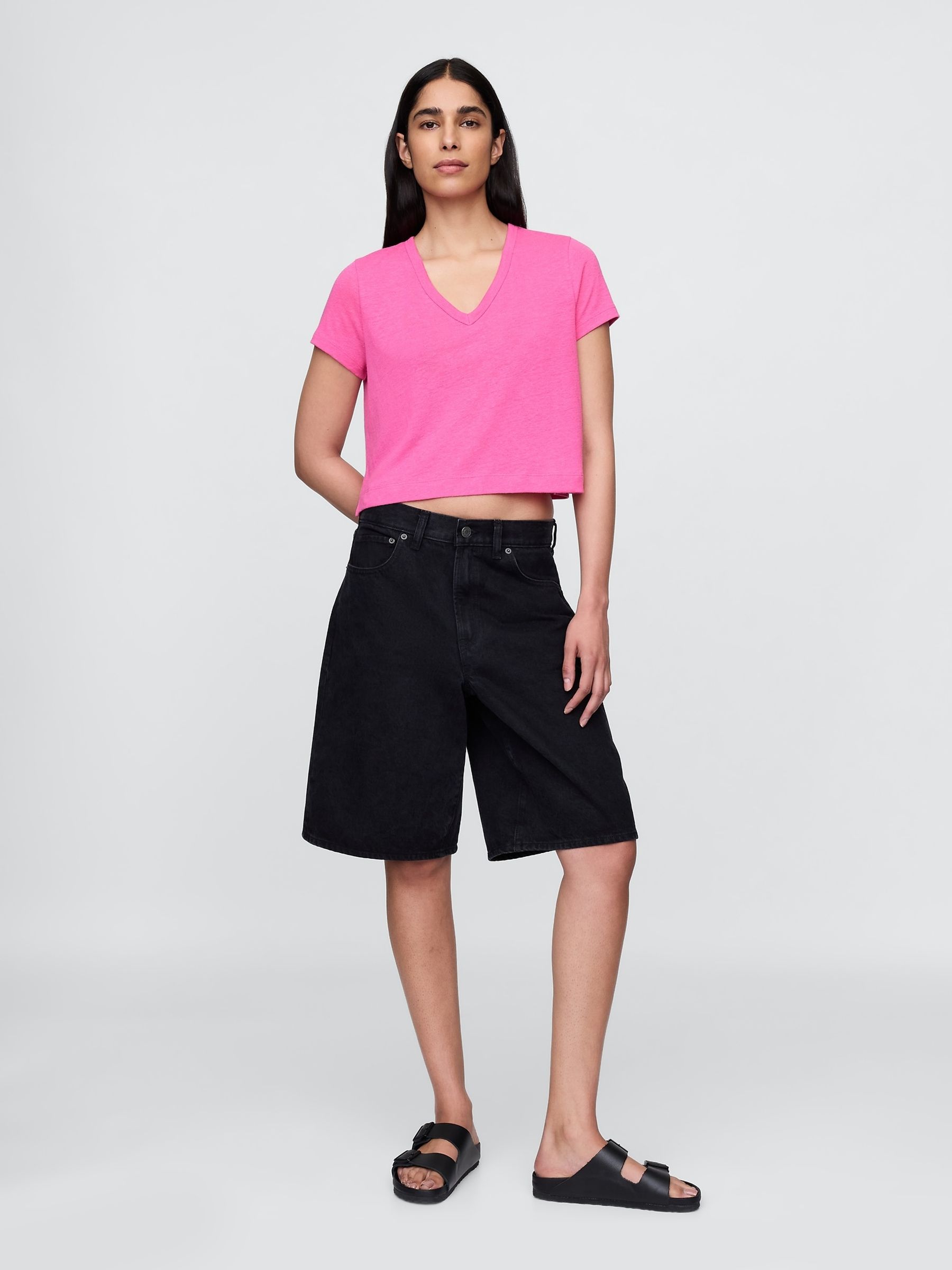 Pink Linen-Blend Cropped V Neck T-Shirt - Image 3 of 5