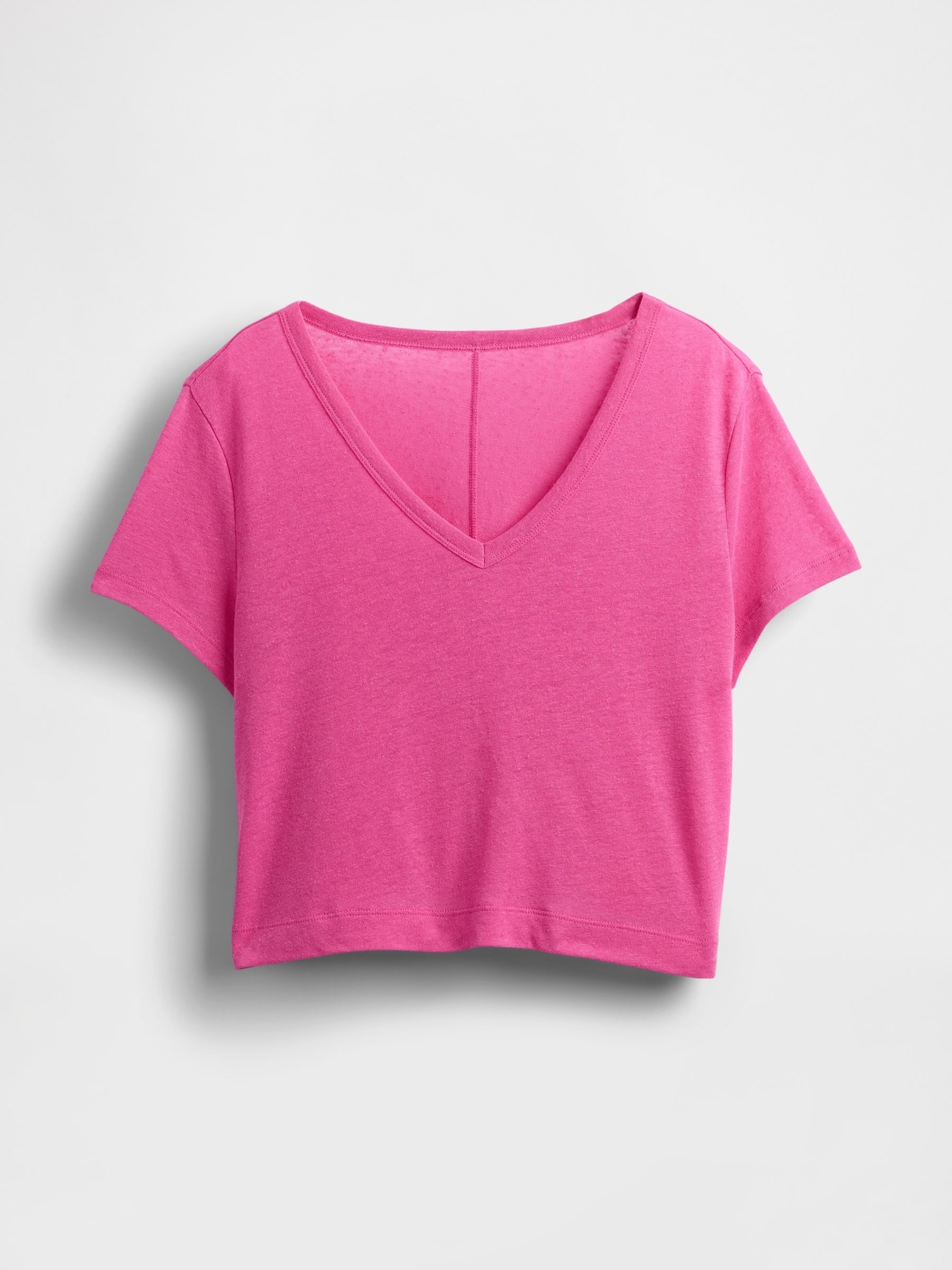 Pink Linen-Blend Cropped V Neck T-Shirt - Image 5 of 5