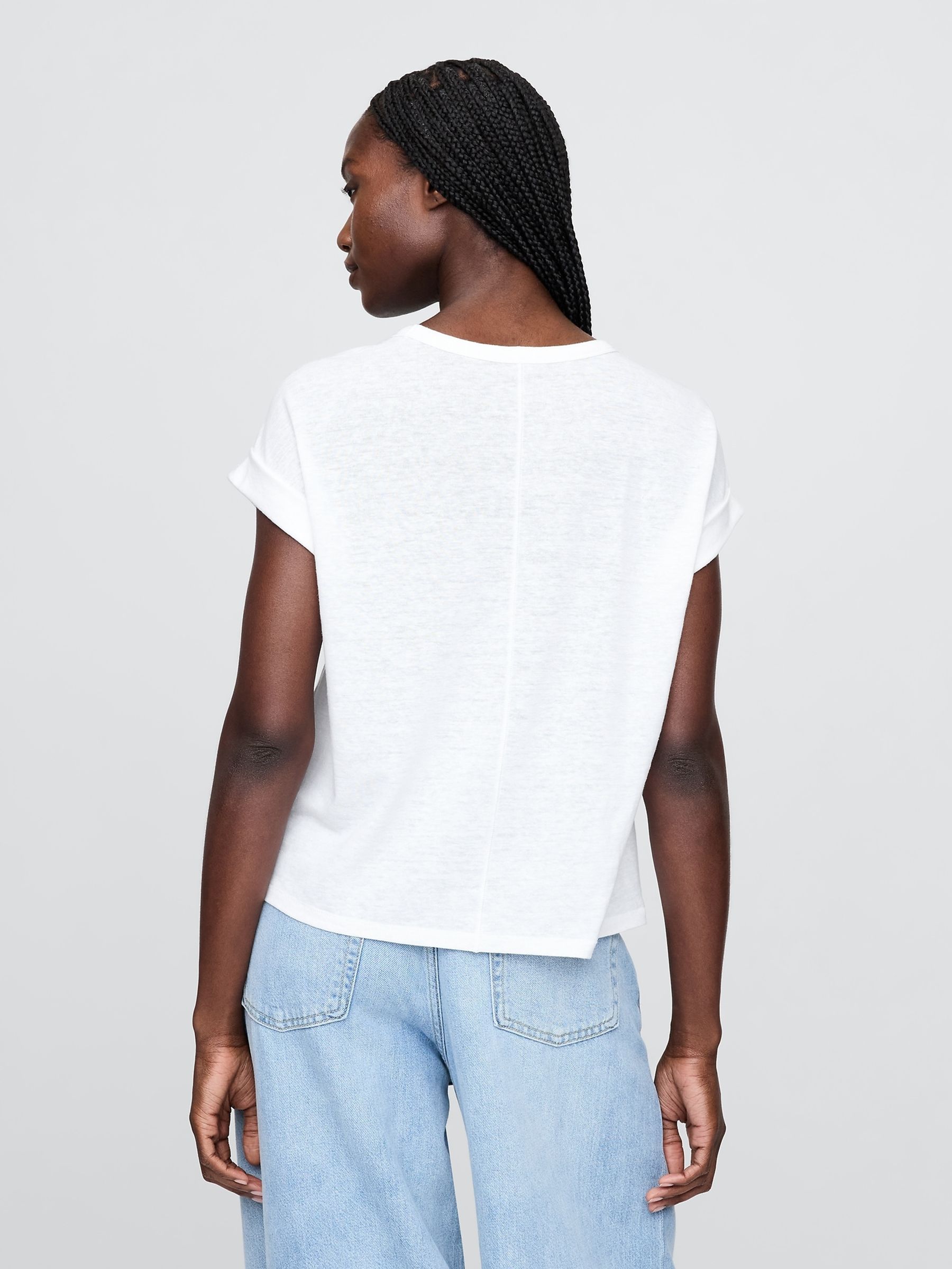 White Linen-Blend Roll-Cuff T-Shirt - Image 2 of 4