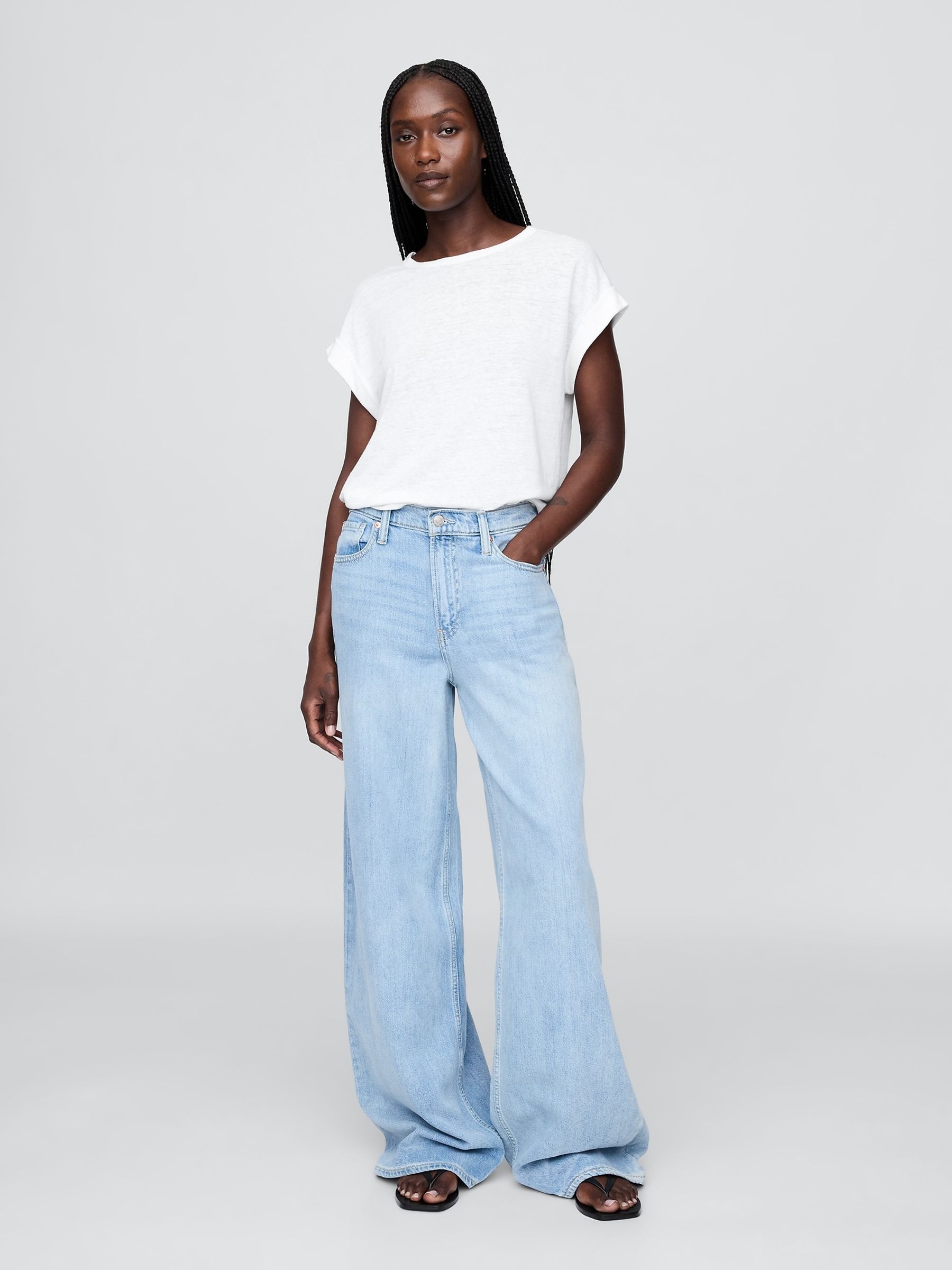 White Linen-Blend Roll-Cuff T-Shirt - Image 3 of 4
