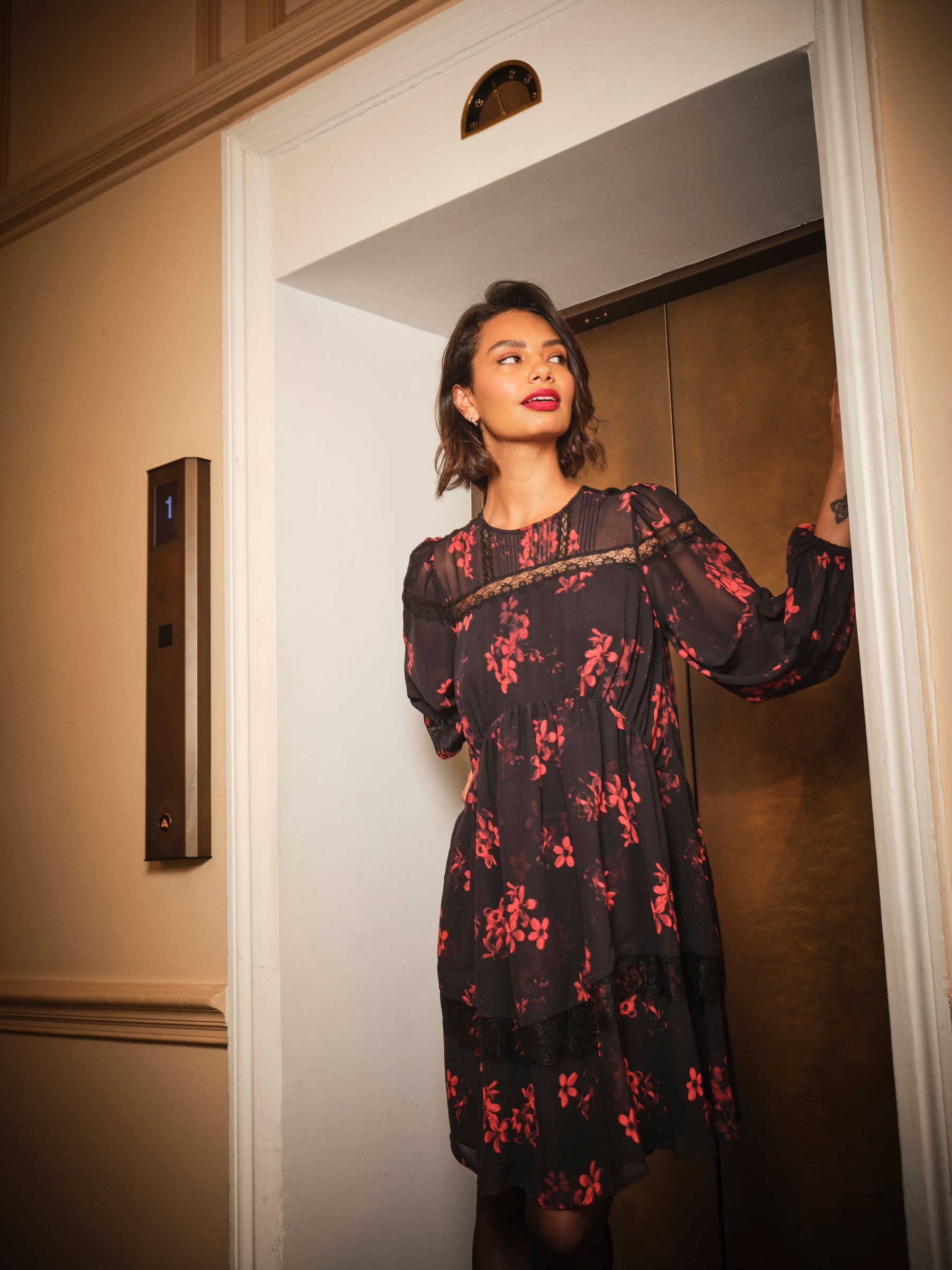 Romy Black Floral Petite Mini Dress - Image 1 of 3