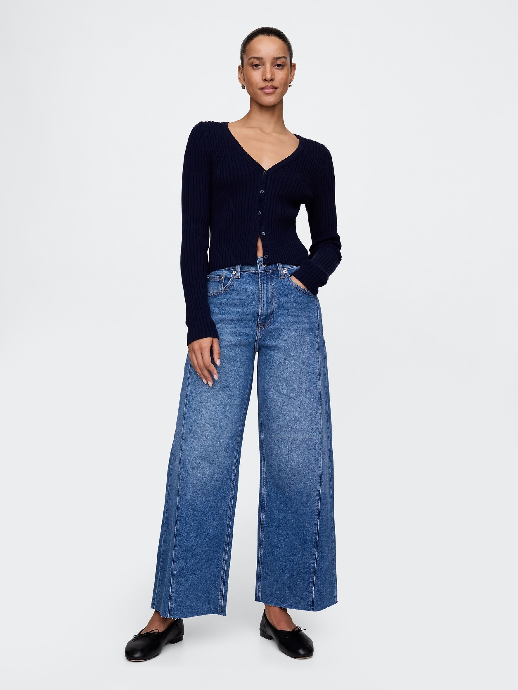 Navy Blue High Waisted Stride Wide-Leg Ankle Jeans - Image 4 of 5