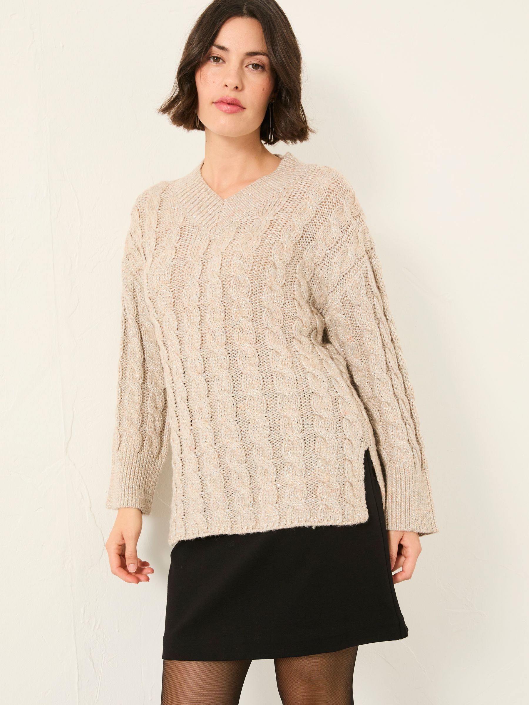 Cable Knitted Sparkle V- Neck Jumper