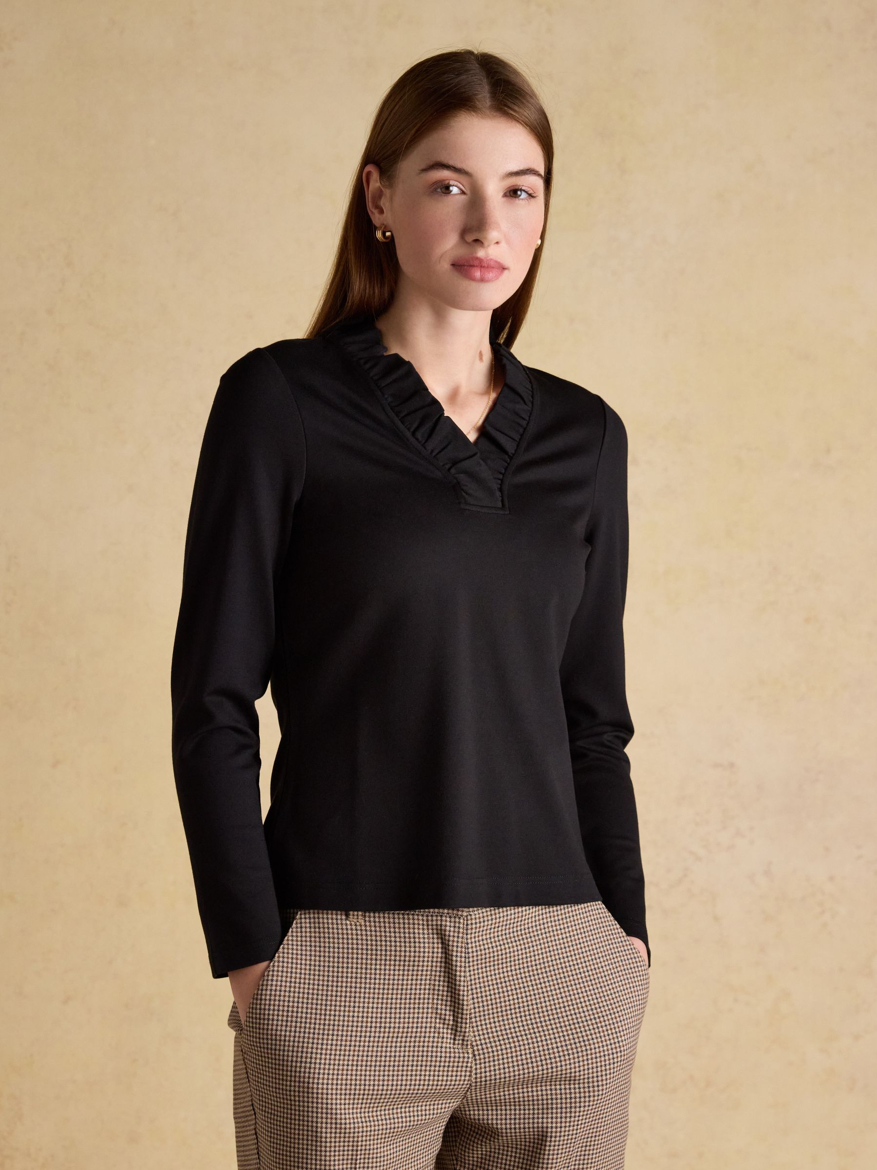 Heidi Black Frill Neck Jersey Top - Image 1 of 6 Heidi Black Frill Neck Jersey Top - Image 1 of 6