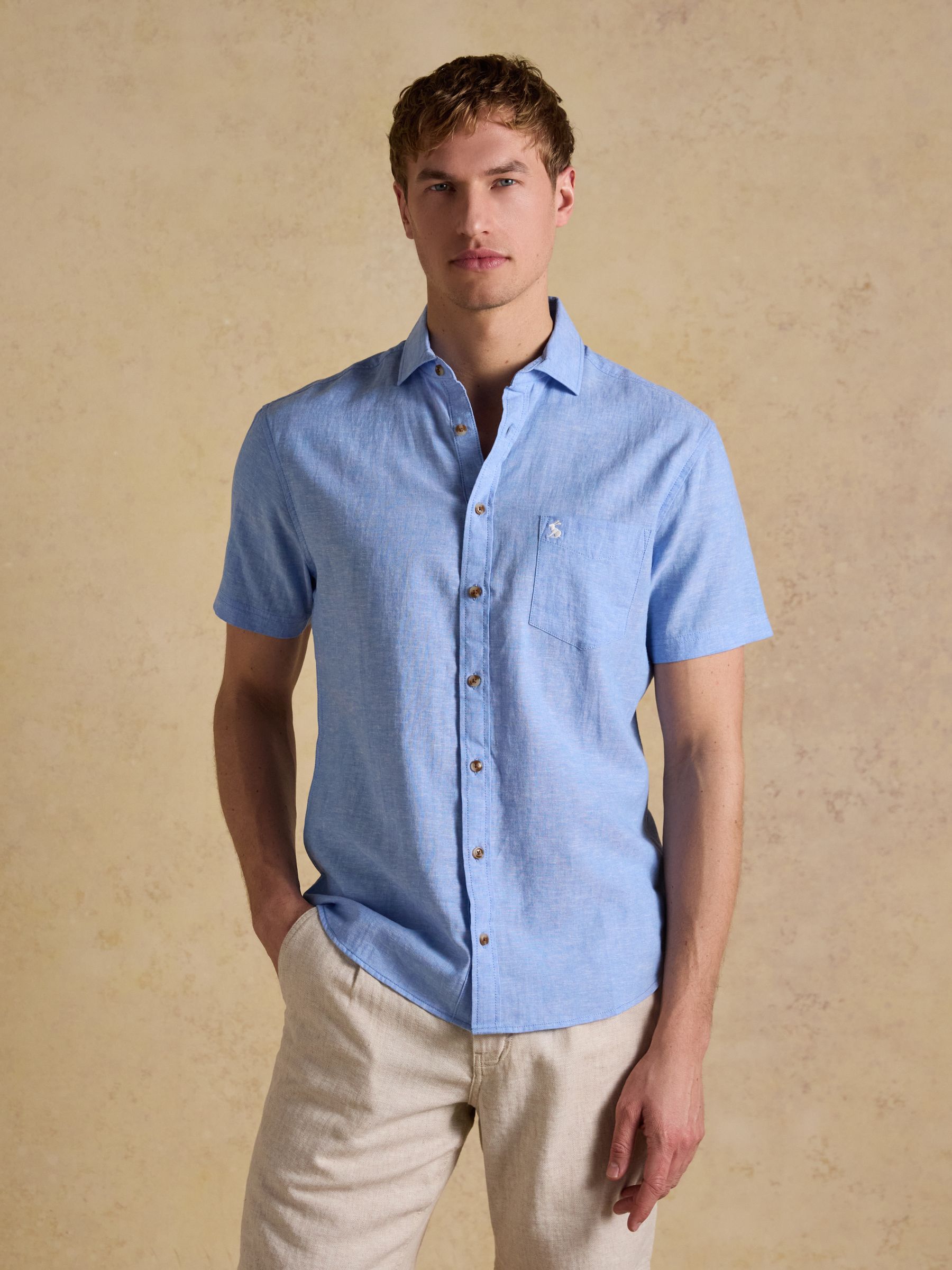Light Blue Linen Blend Short Sleeve Shirt - Image 1 of 8