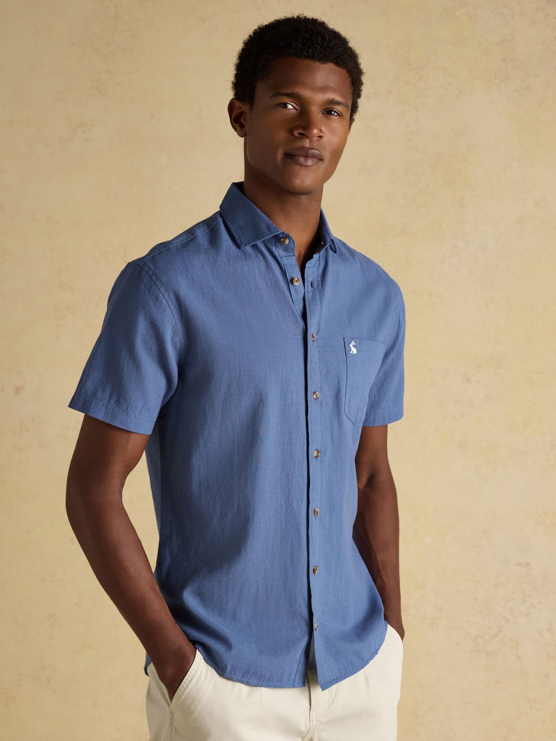 Linen Blend Blue Denim Short Sleeve Shirt - Image 1 of 7