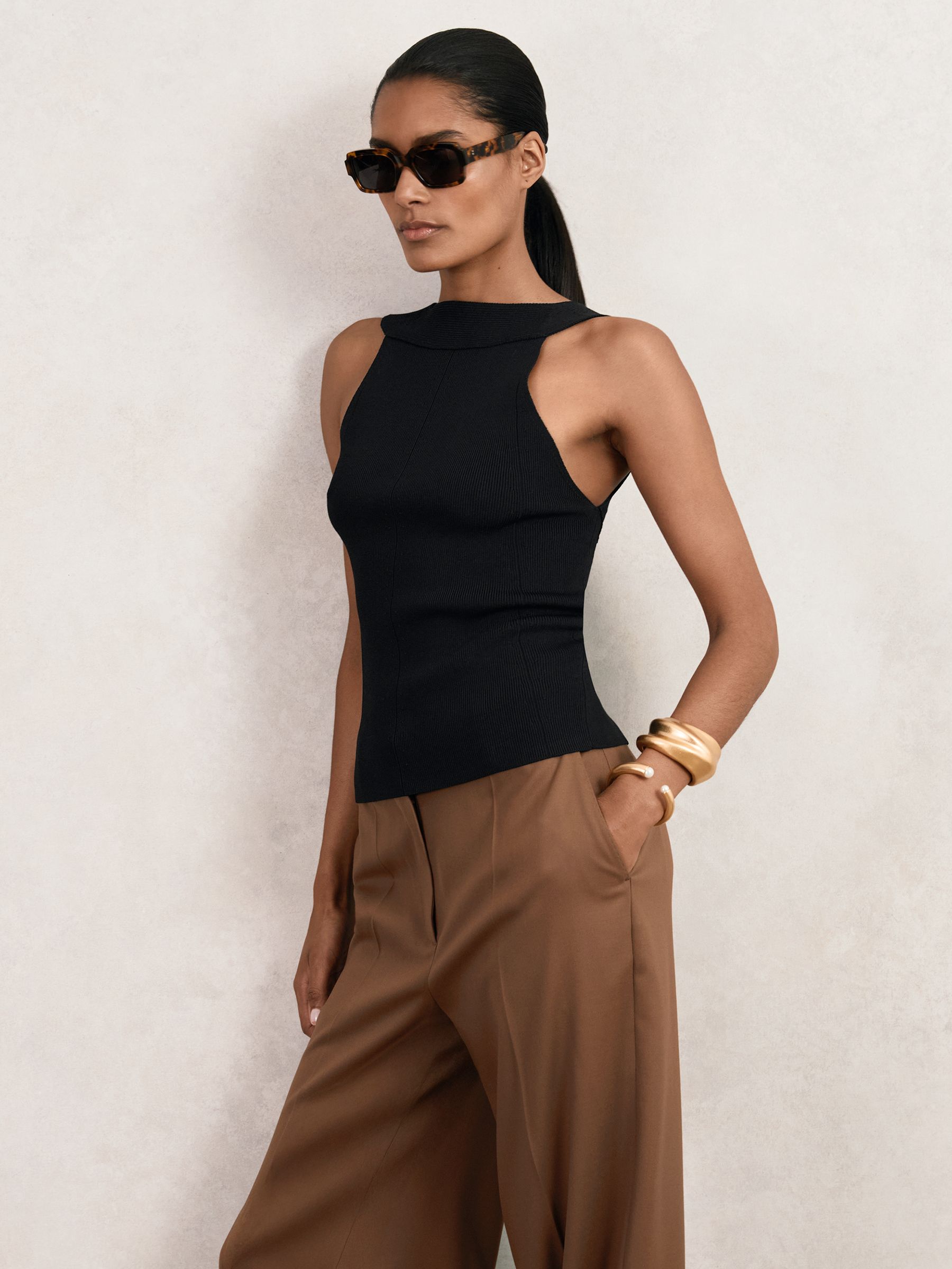 Low-Back Rib-Knit Vest in Black - Image 1 of 7 Low-Back Rib-Knit Vest in Black - Image 1 of 7