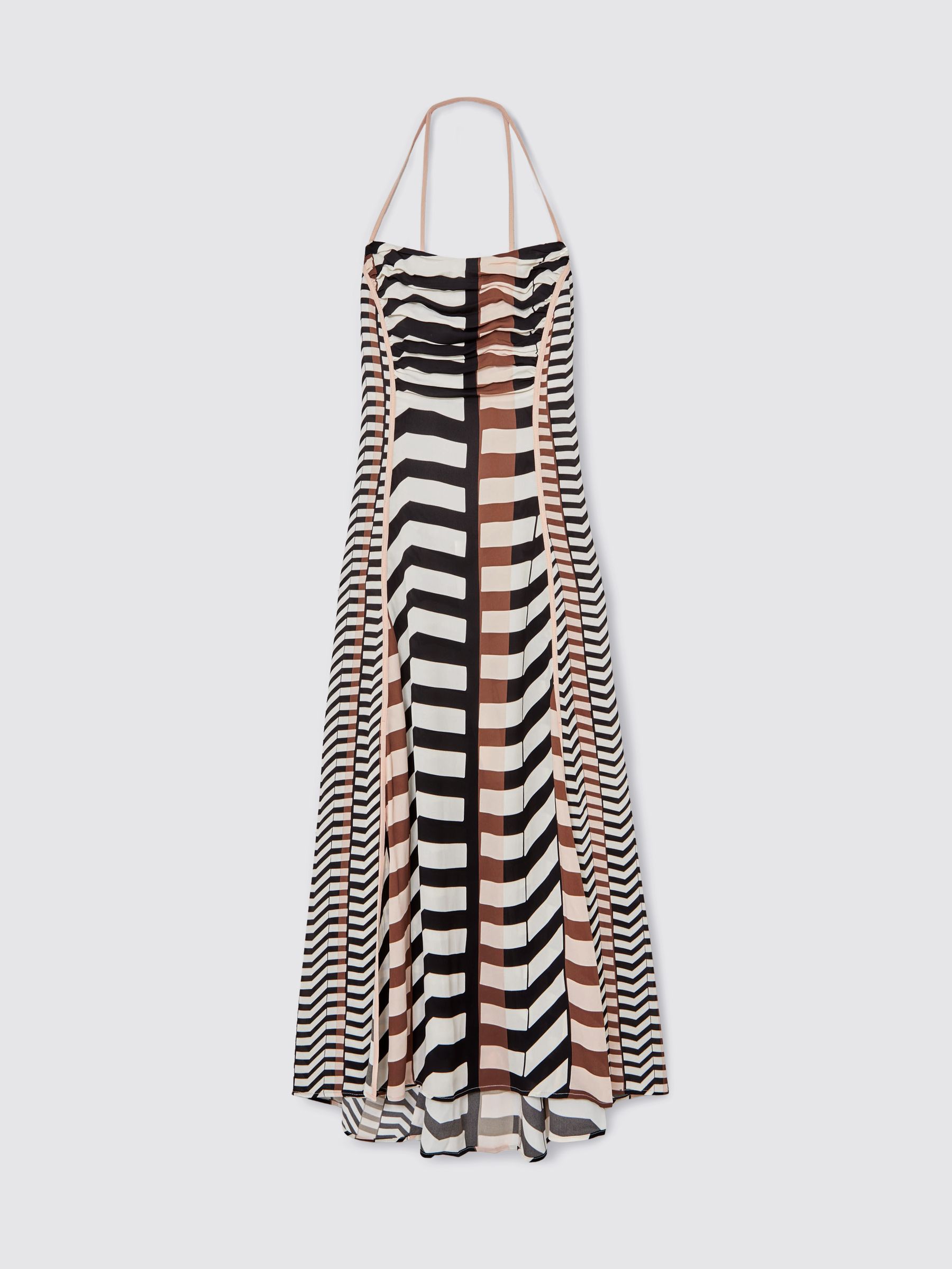 Chevron-Stripe Ruched Midi Dress in Black/Brown - Image 2 of 6
