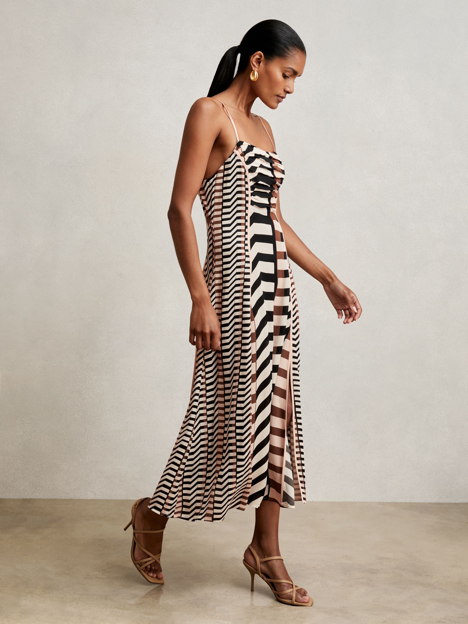 Chevron-Stripe Ruched Midi Dress in Black/Brown - image 4