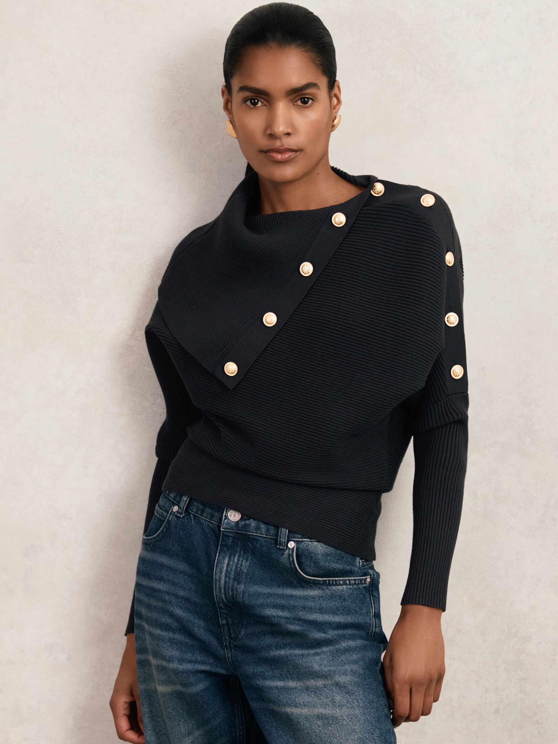 Rib-Knit Button Shawl Jumper in Navy - Image 1 of 7