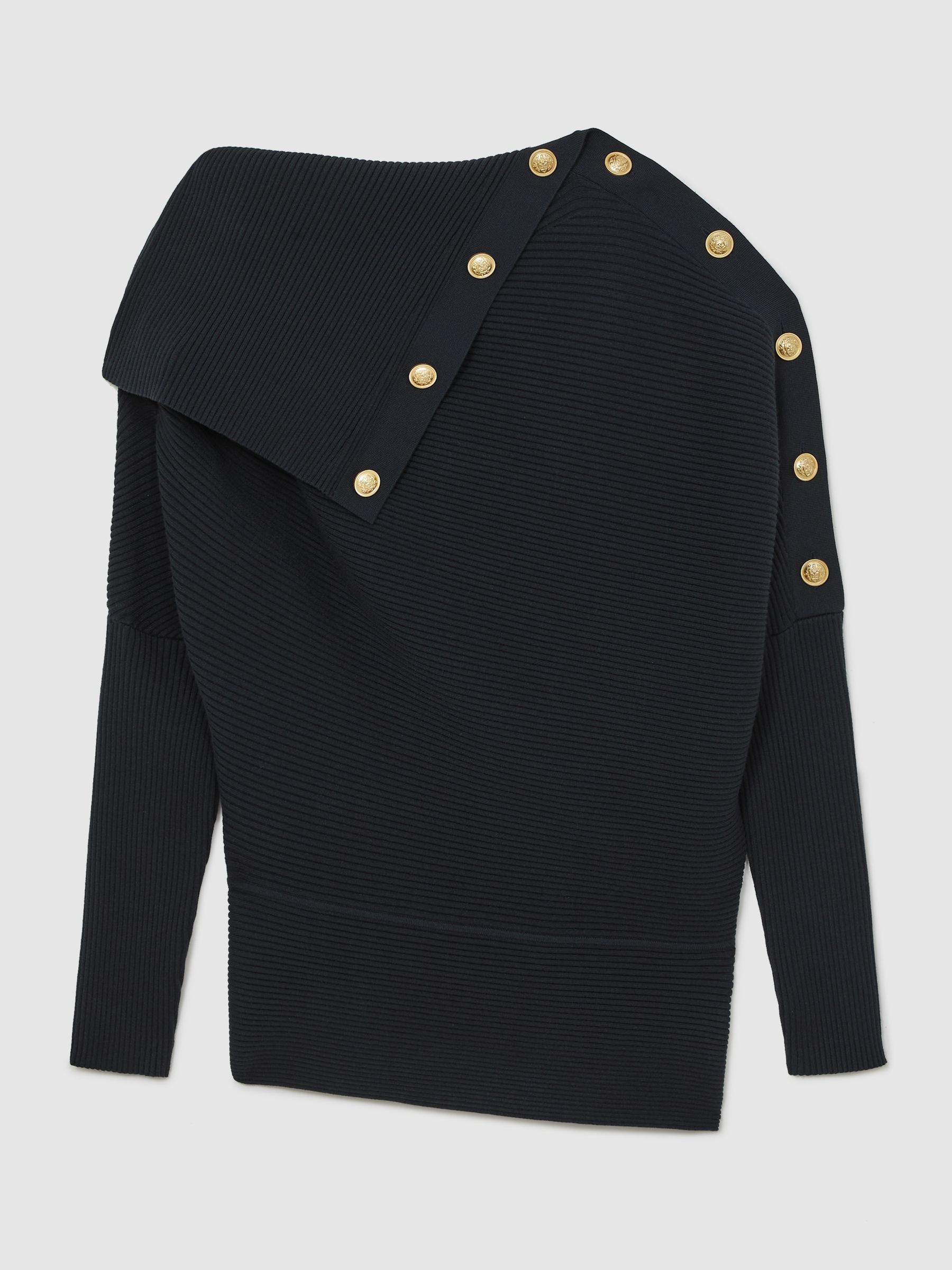 Rib-Knit Button Shawl Jumper in Navy - Image 2 of 7