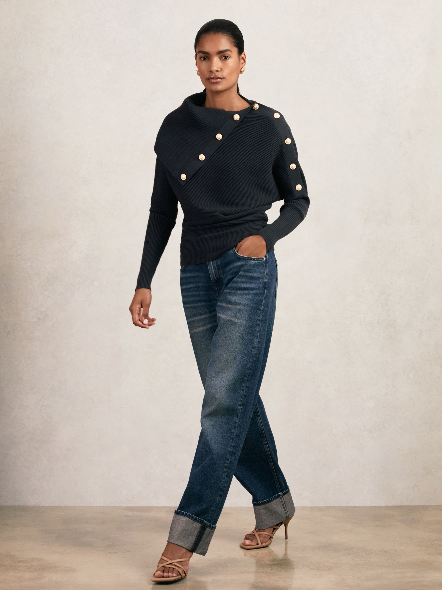 Rib-Knit Button Shawl Jumper in Navy - Image 3 of 7