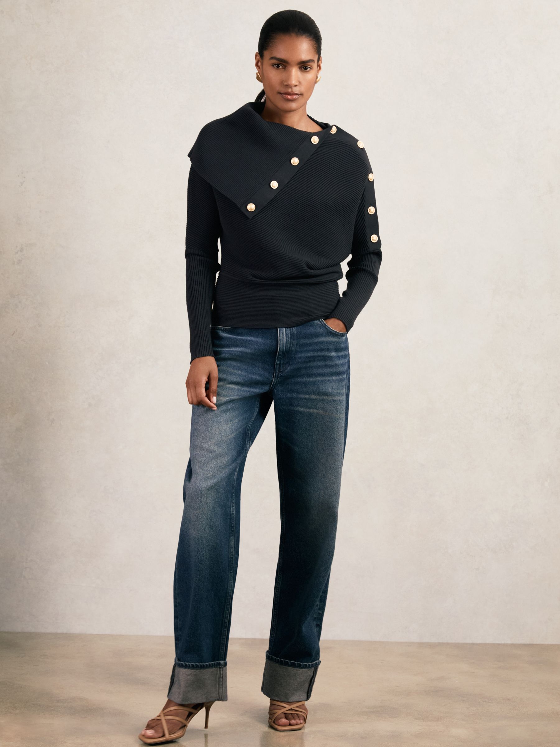 Rib-Knit Button Shawl Jumper in Navy - Image 4 of 7