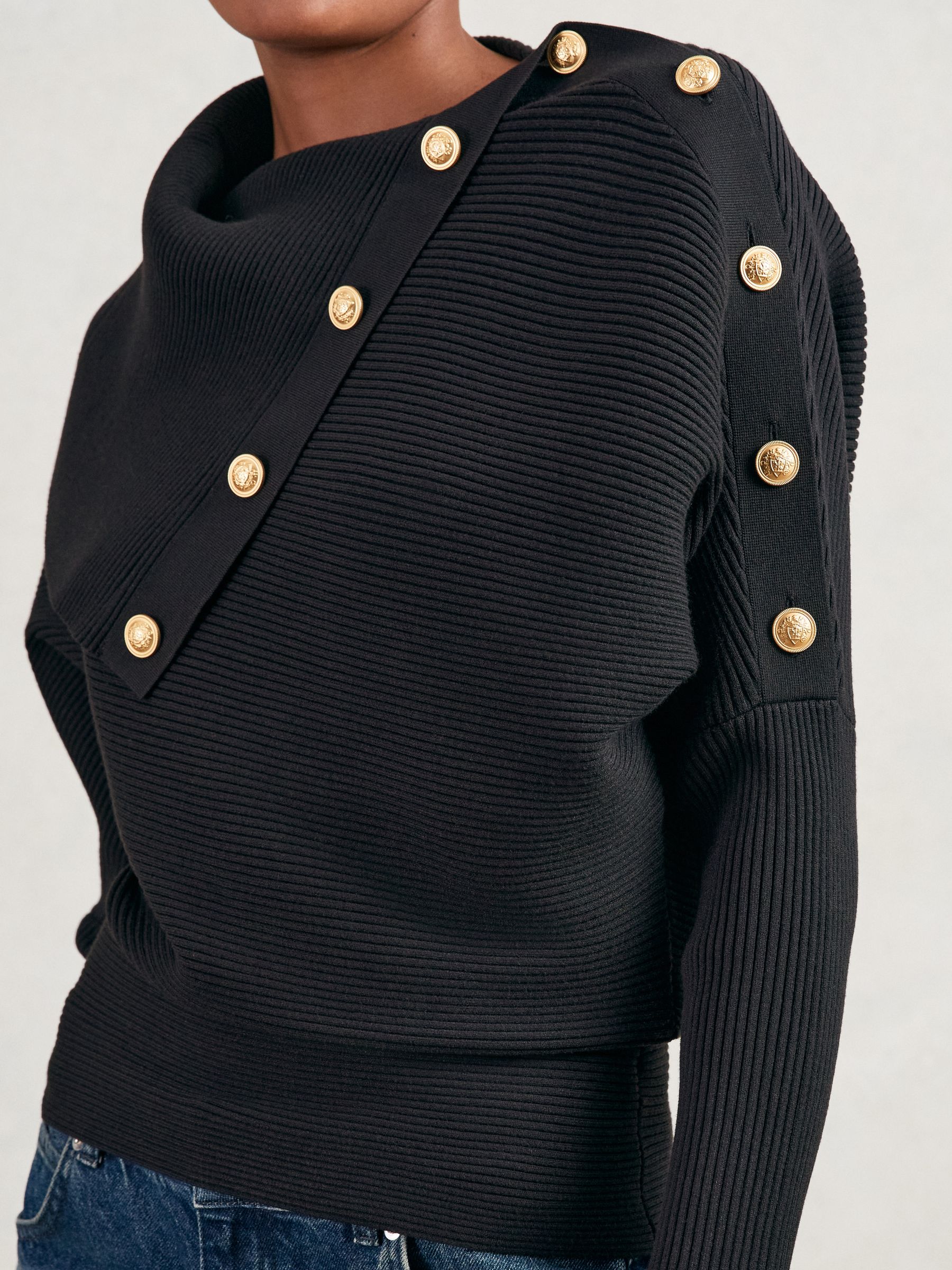 Rib-Knit Button Shawl Jumper in Navy - Image 5 of 7