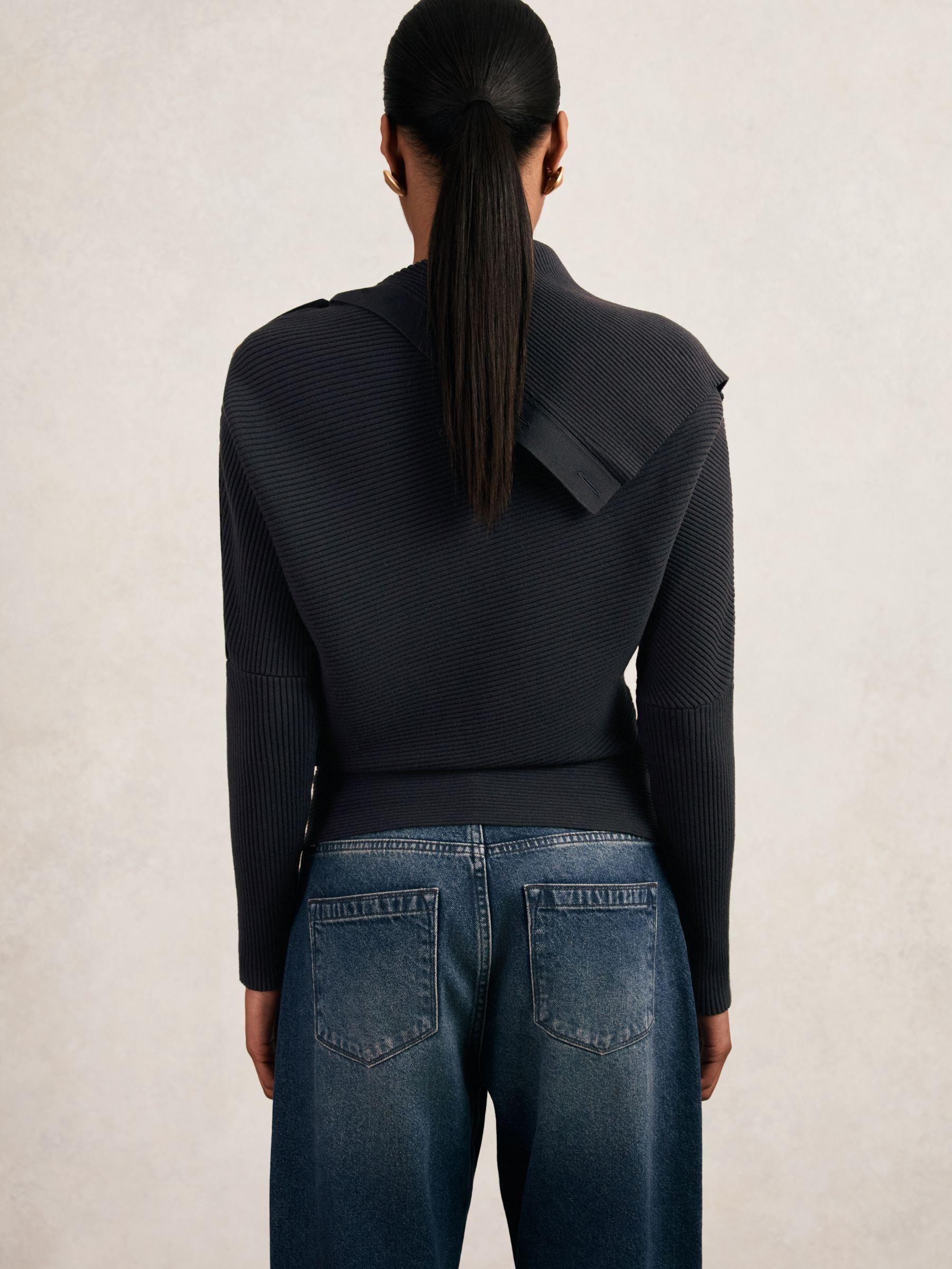 Rib-Knit Button Shawl Jumper in Navy - Image 6 of 7