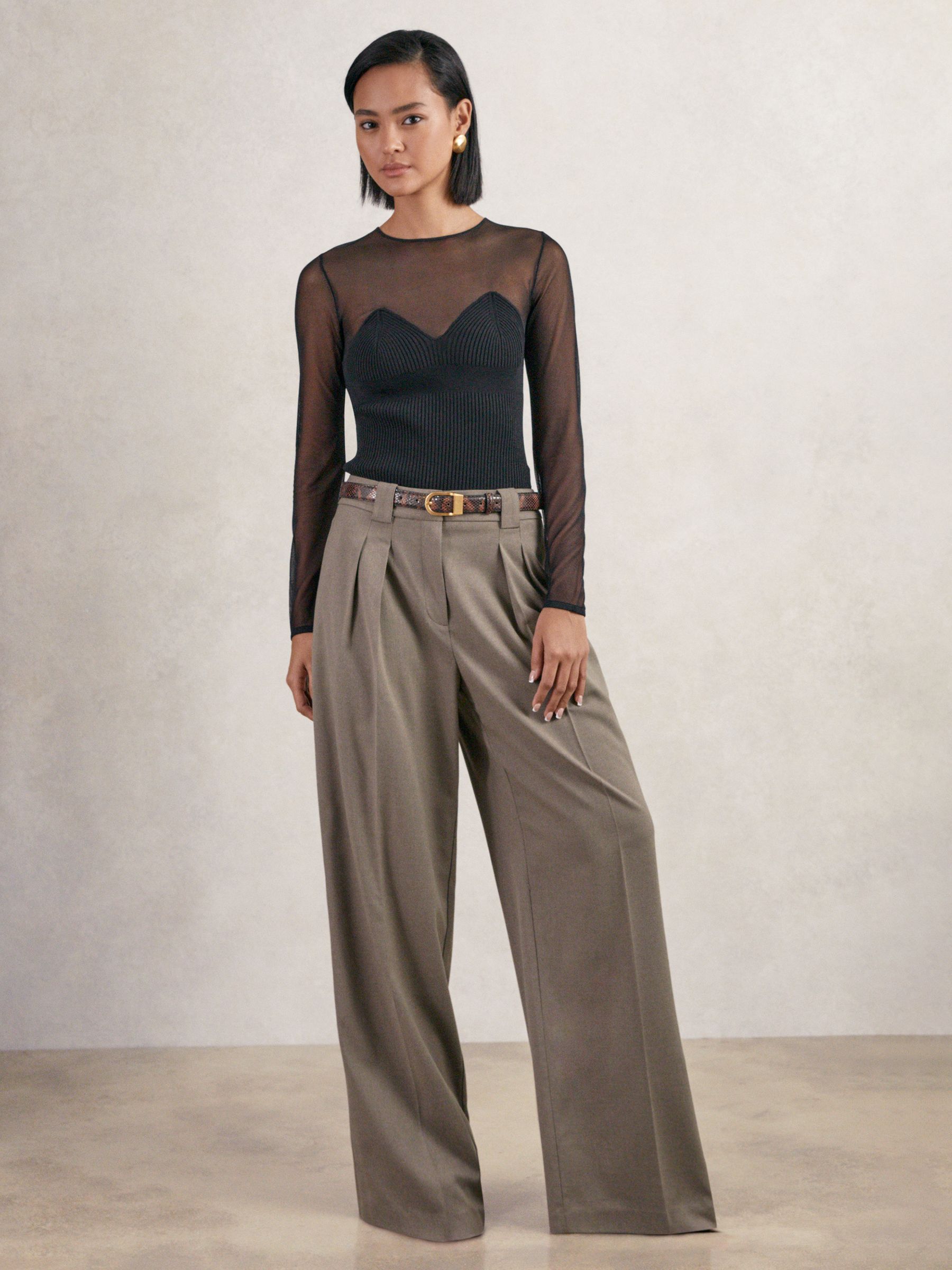 Mesh Knit Sweetheart Long-Sleeve Top in Black - Image 3 of 6