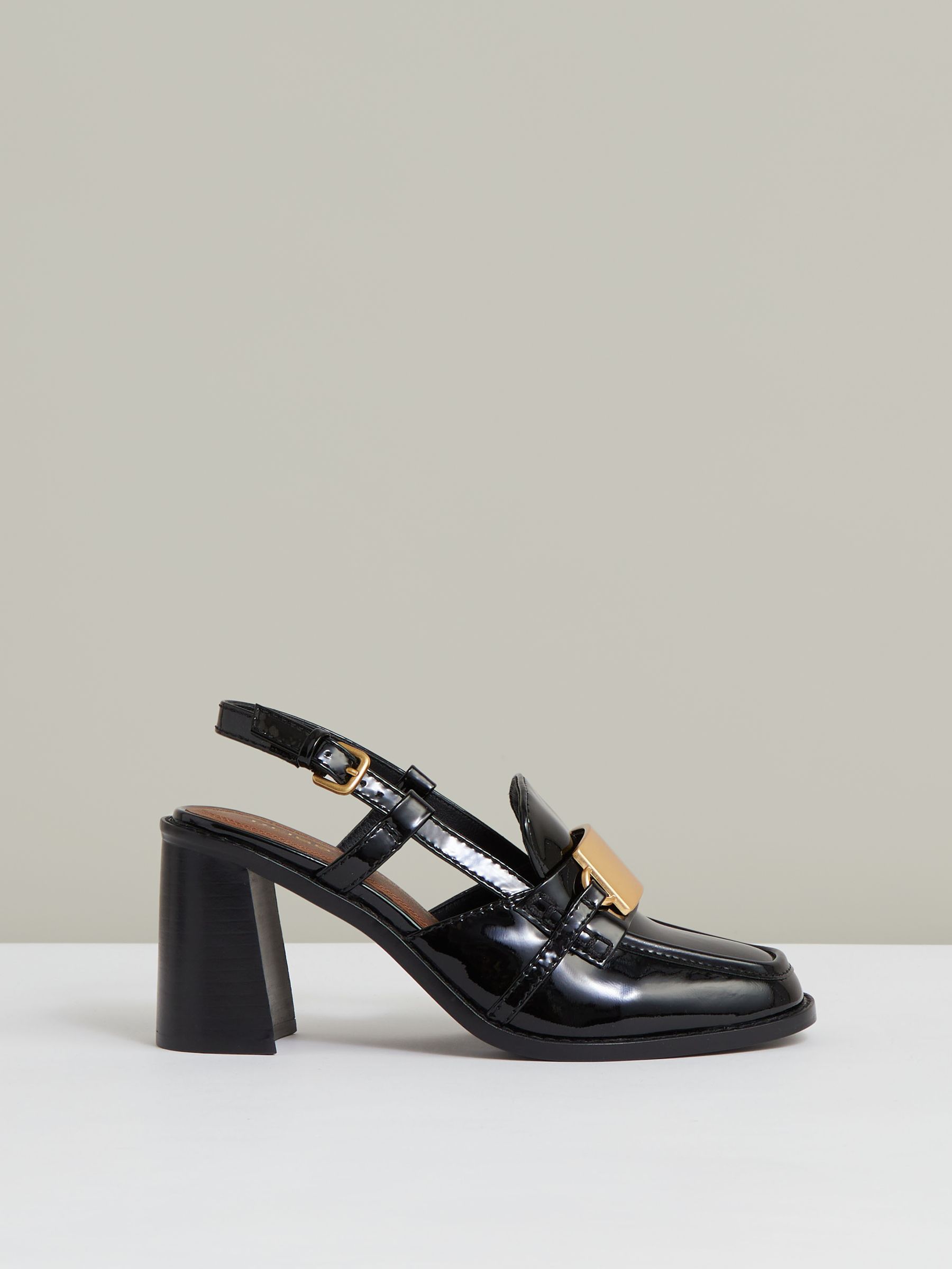 Patent Leather Slingback Heeled Loafers in Black - Image 1 of 5