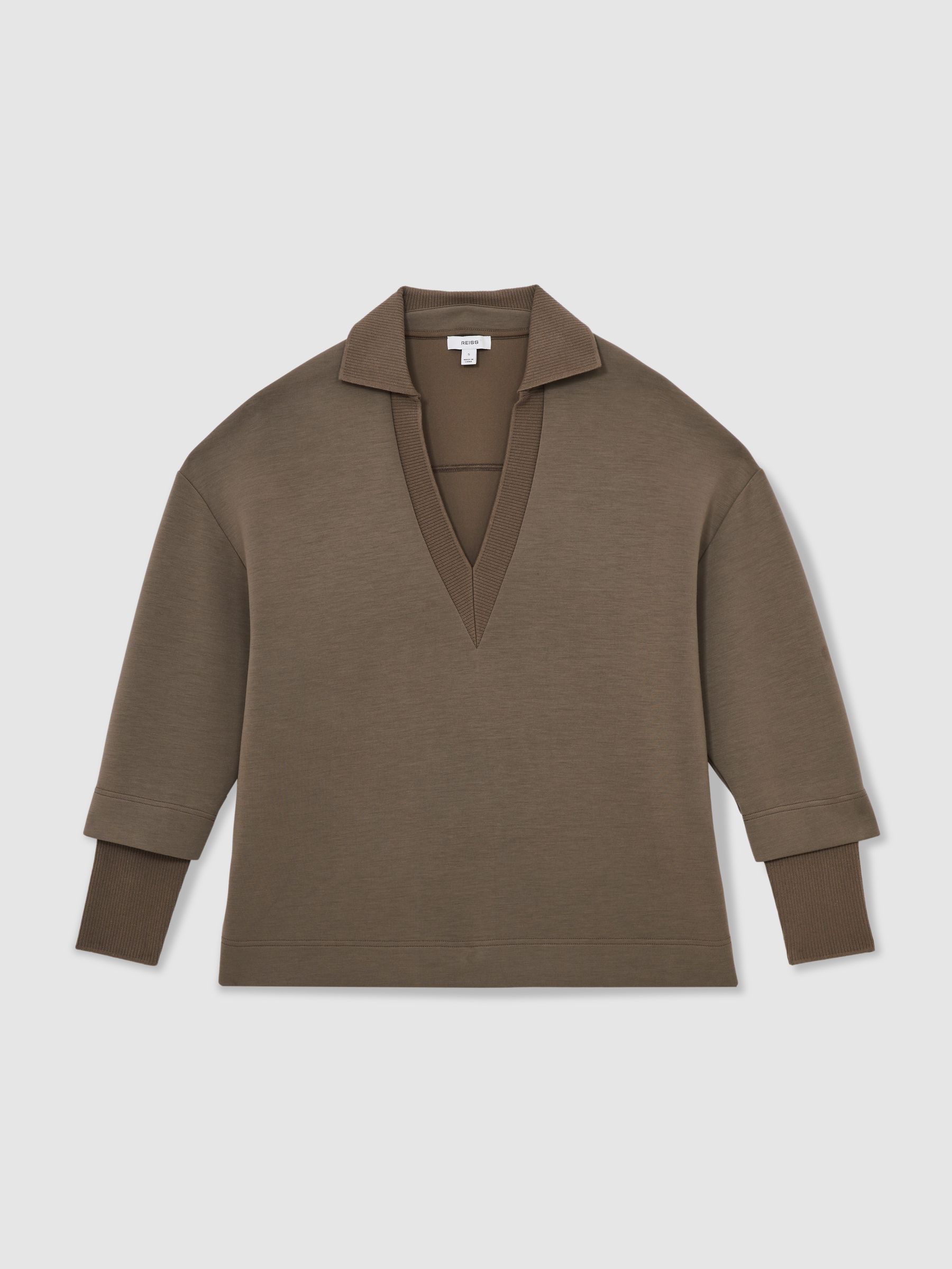 Interlock-Sweatshirt mit offenem Kragen in Khakigrün - Bild 2 von 7