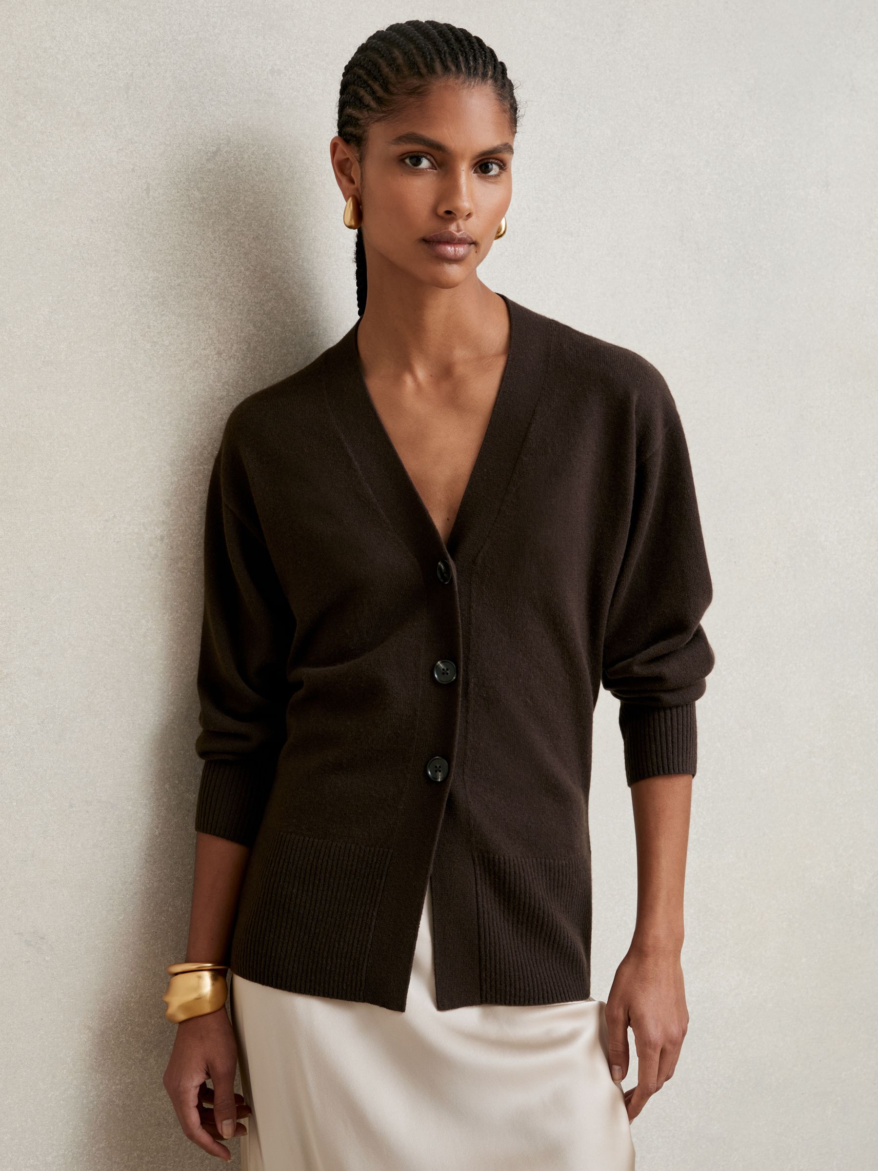 Wool-Blend Fitted Cardigan With Cashmere in Chocolate - Image 1 of 6