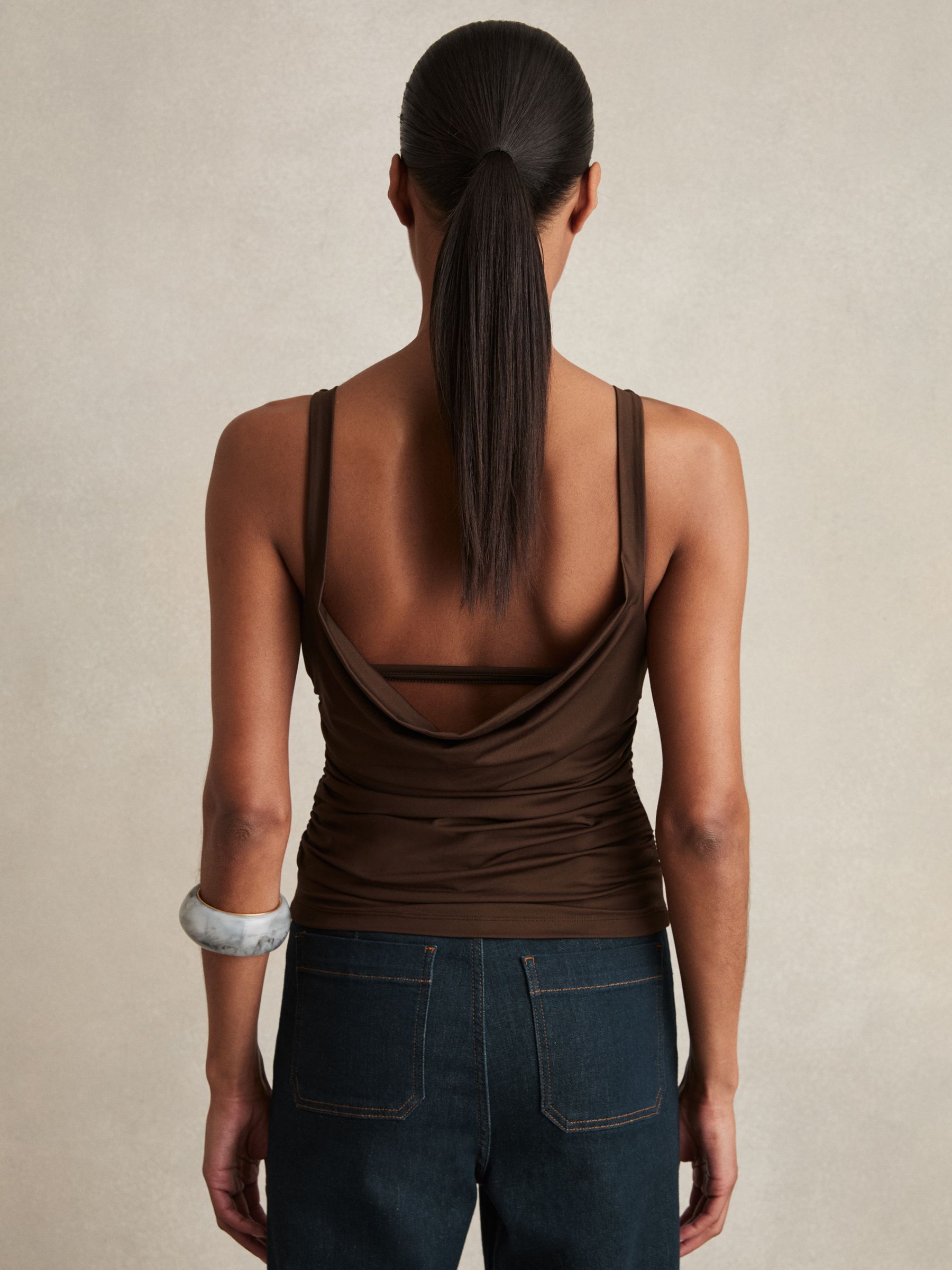 Ruched Jersey Cowl Back Vest in Chocolate Brown - image 4