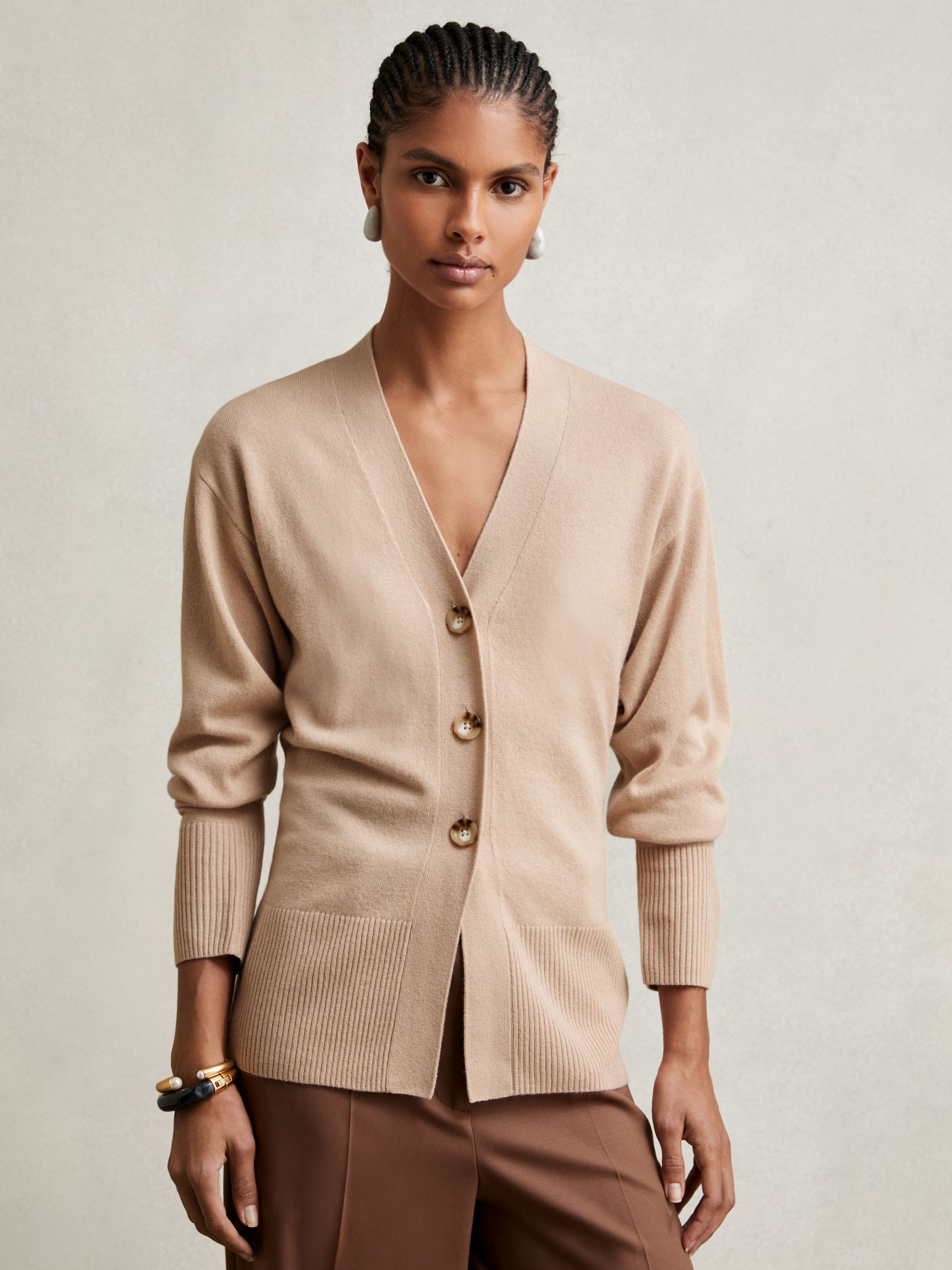 Wool-Blend Fitted Cardigan With Cashmere in Neutral - Image 1 of 6