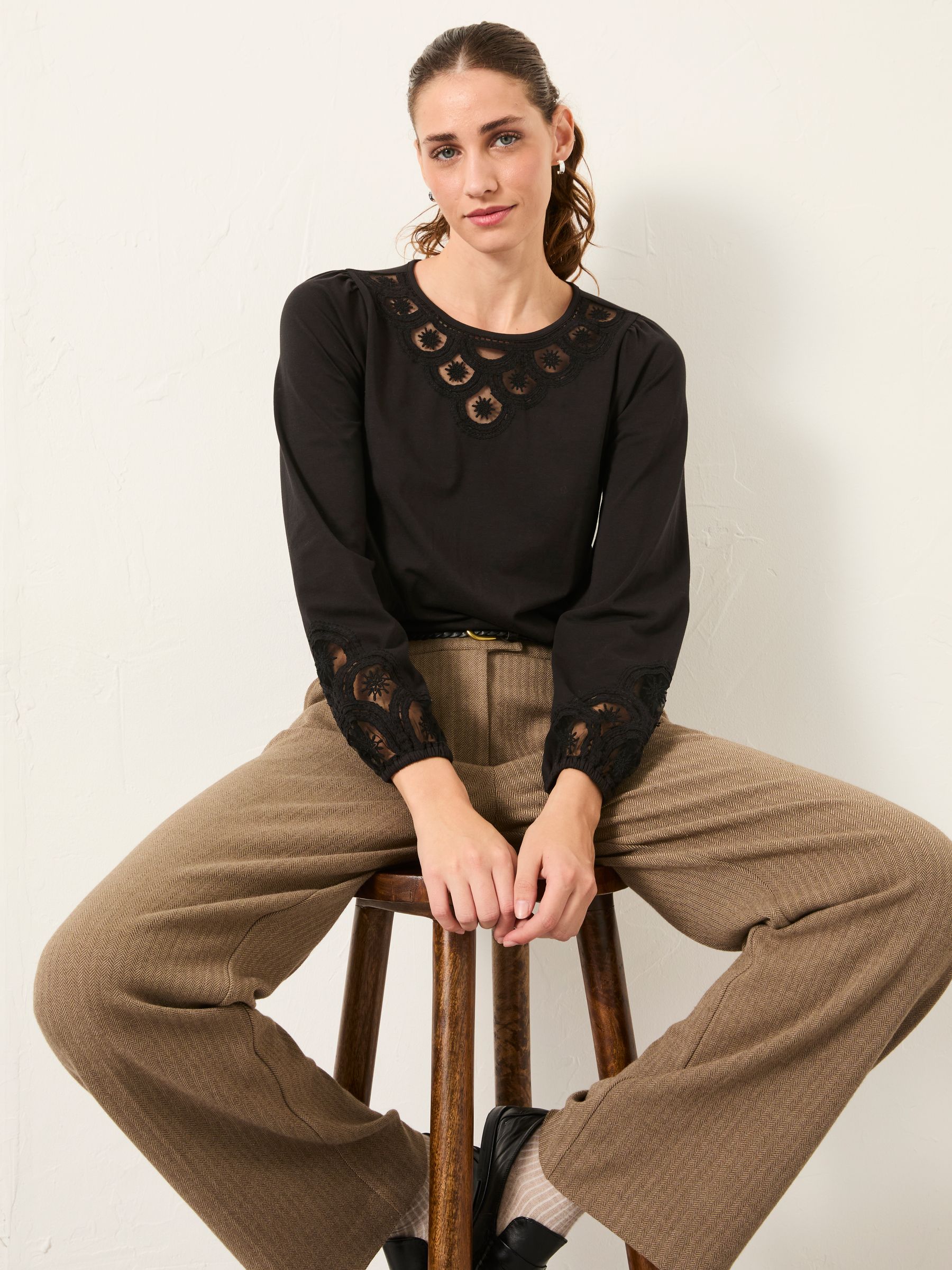 Long Sleeve Embroidered Round Neck Blouse