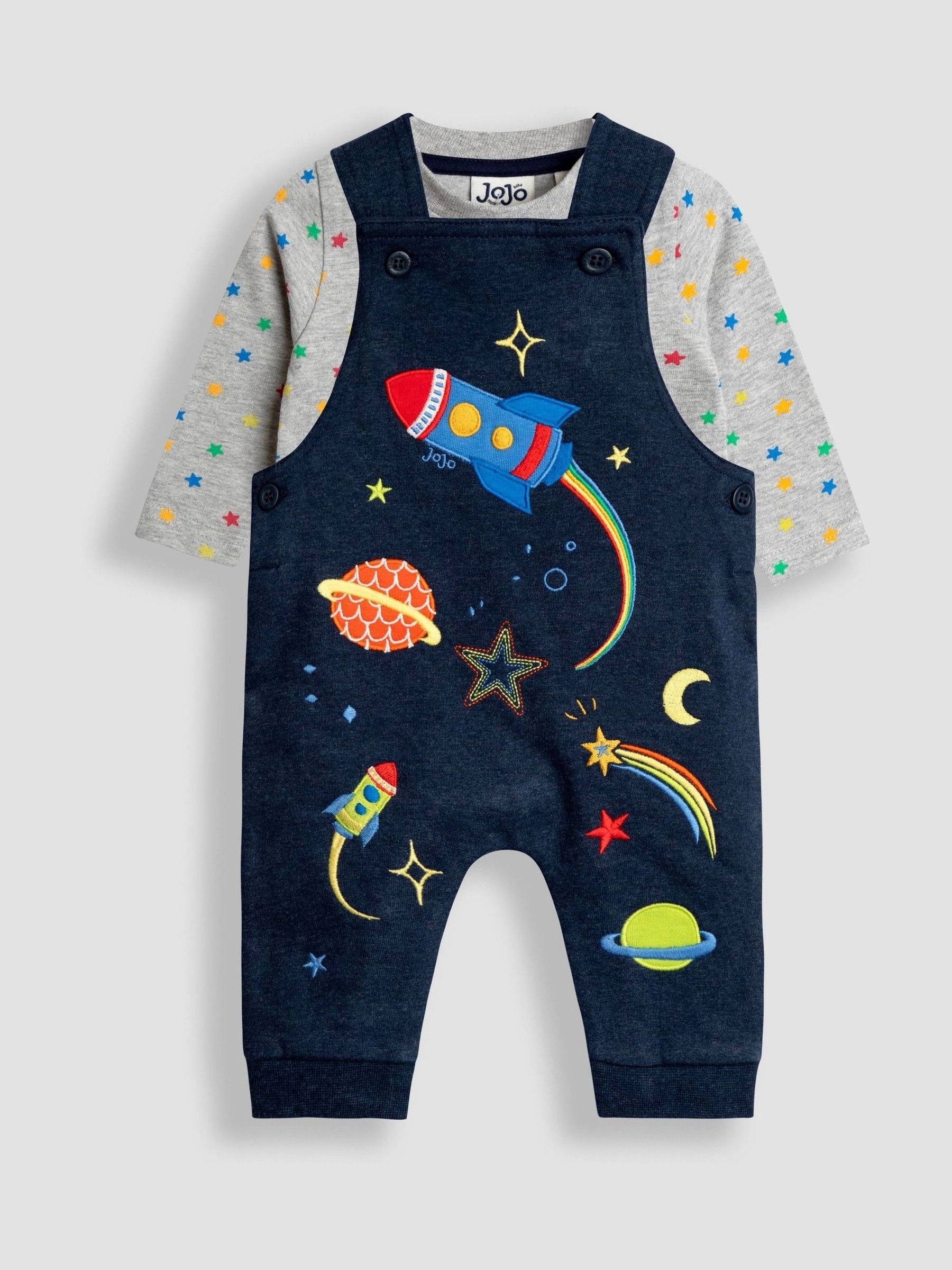 Navy Blue Space 2-Piece Appliqué Dungarees & Print Top Set - Image 1 of 6